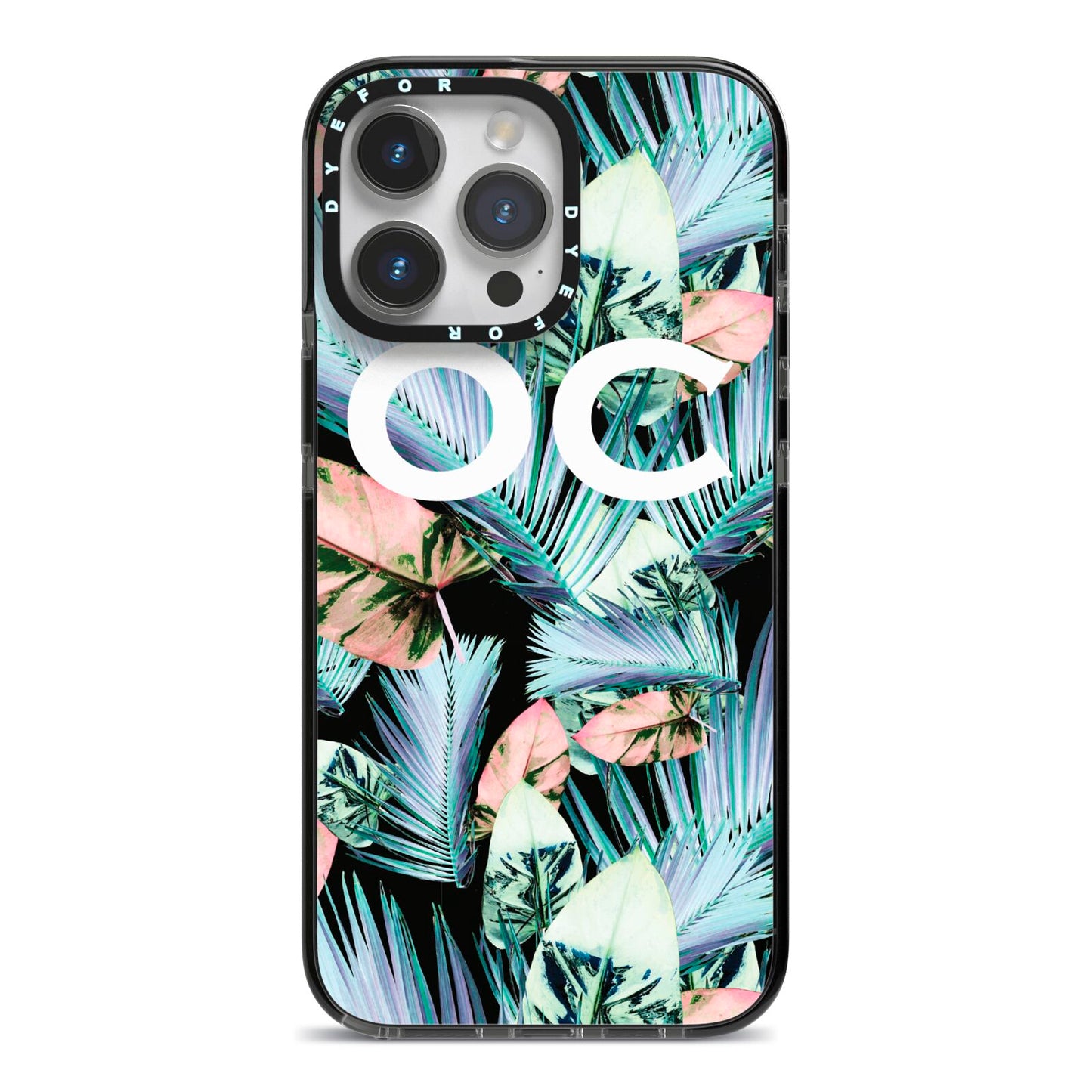 Personalised Abstract Tropical Leaves iPhone 14 Pro Max Black Impact Case on Silver phone