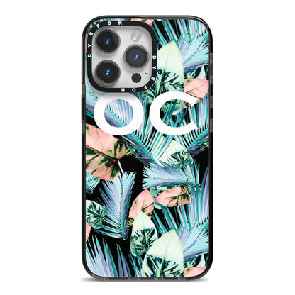 Personalised Abstract Tropical Leaves iPhone 14 Pro Max Black Impact Case on Silver phone