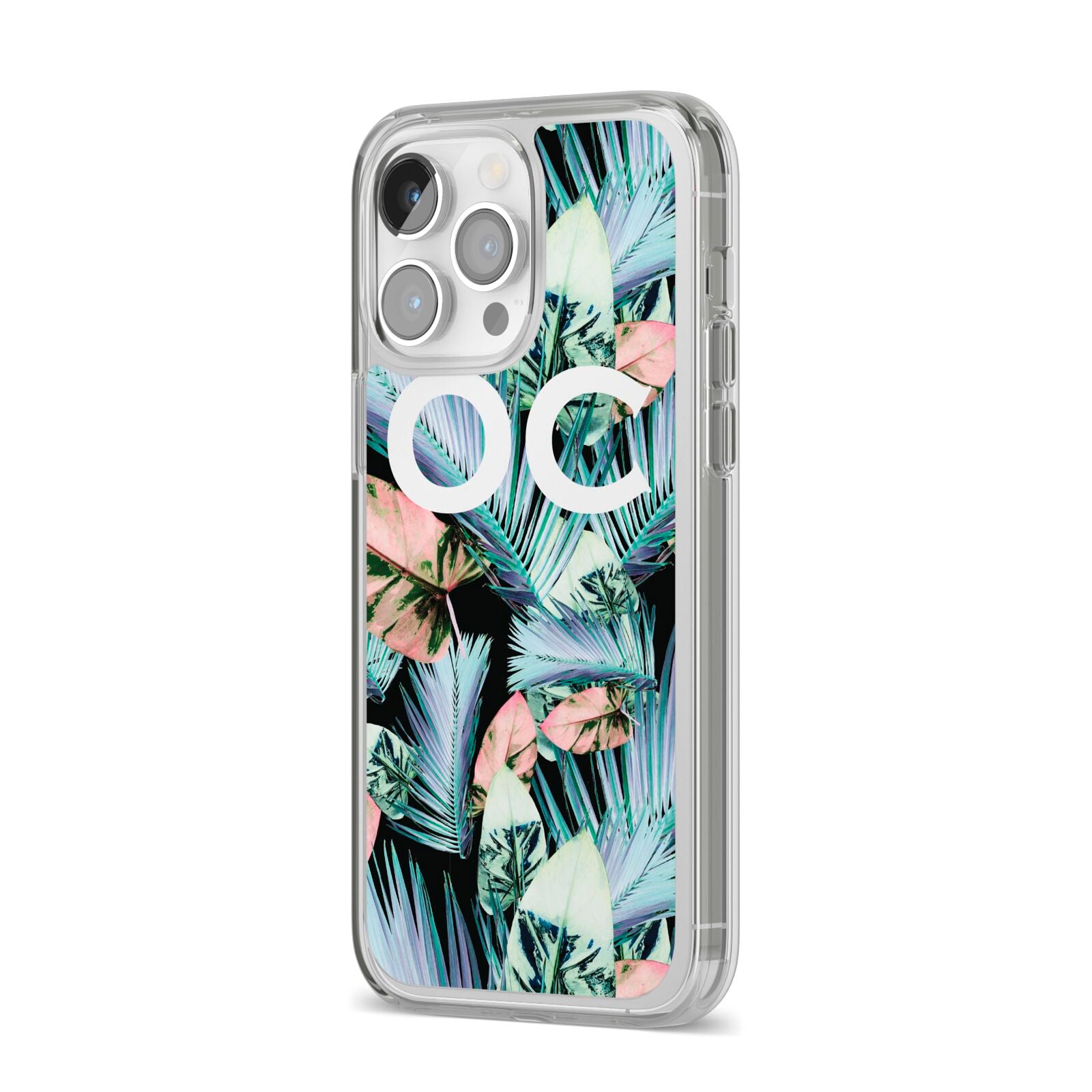 Personalised Abstract Tropical Leaves iPhone 14 Pro Max Clear Tough Case Silver Angled Image