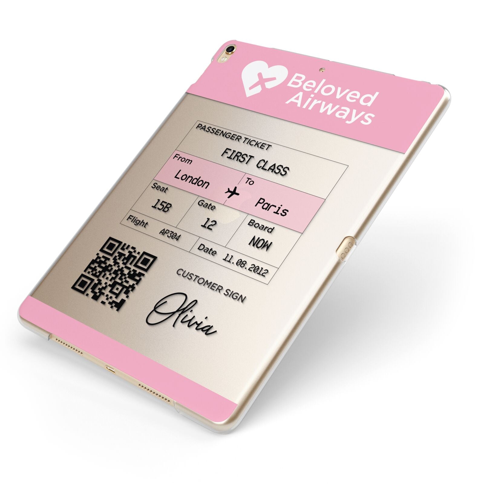 Personalised Aeroplane Ticket Apple iPad Case on Gold iPad Side View