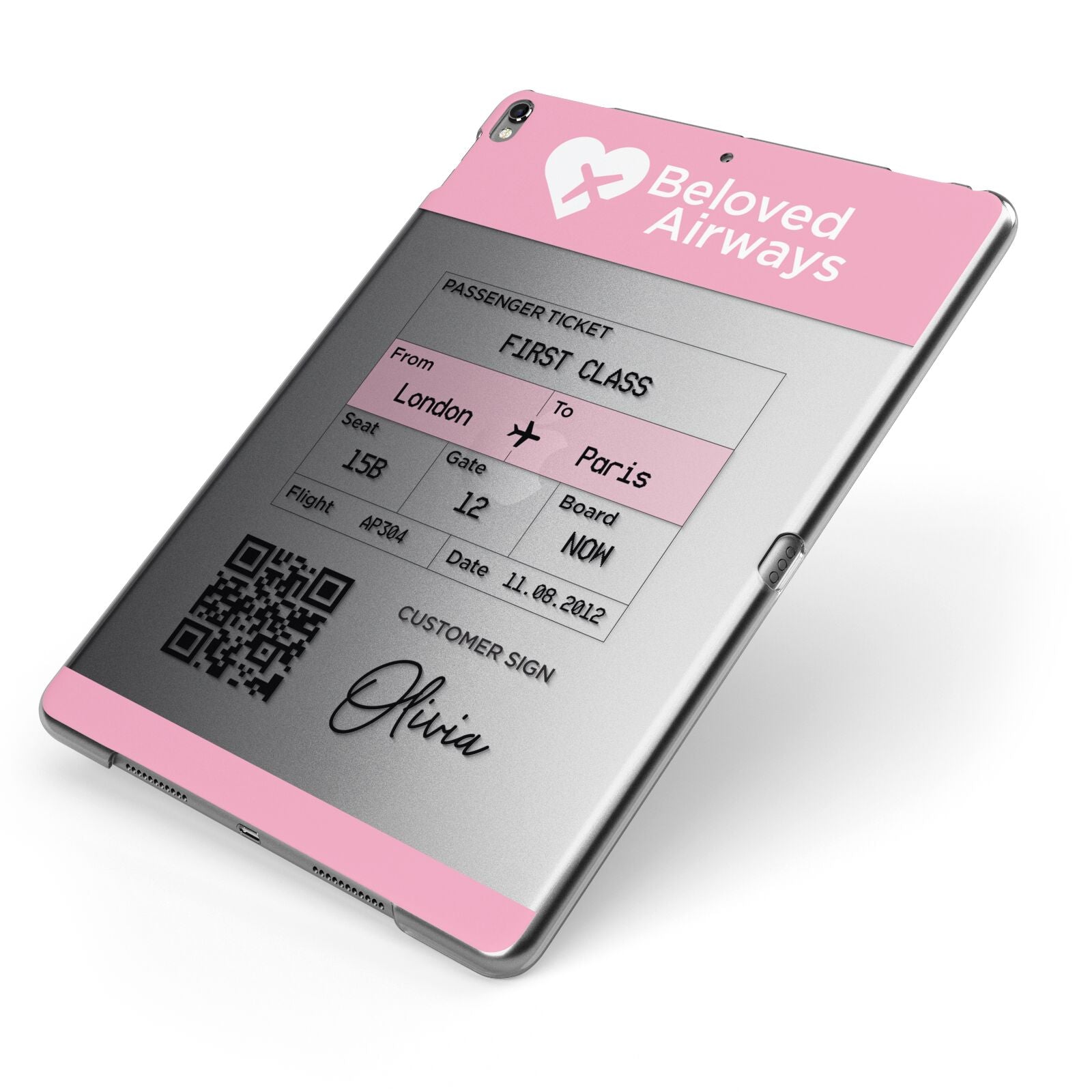 Personalised Aeroplane Ticket Apple iPad Case on Grey iPad Side View