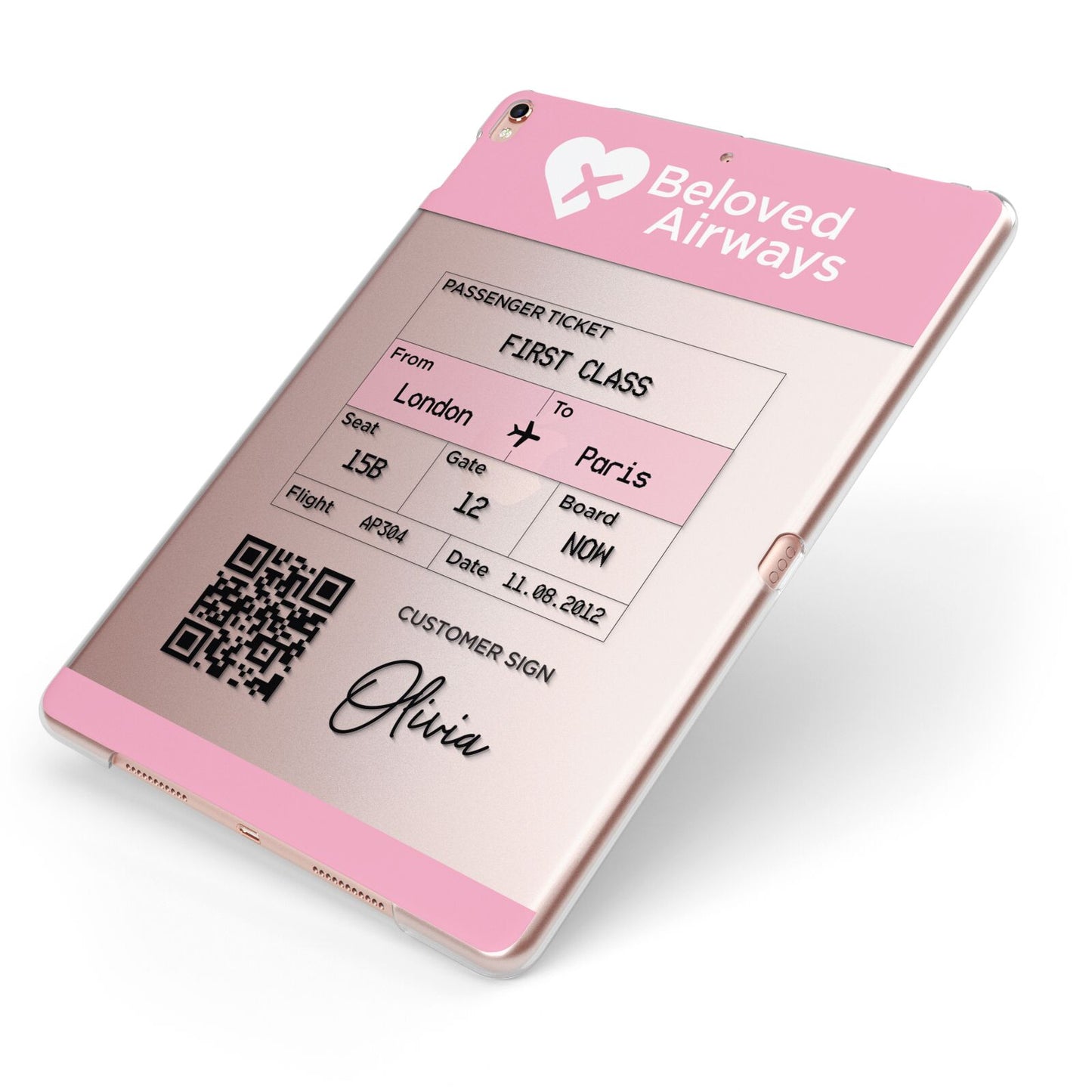 Personalised Aeroplane Ticket Apple iPad Case on Rose Gold iPad Side View