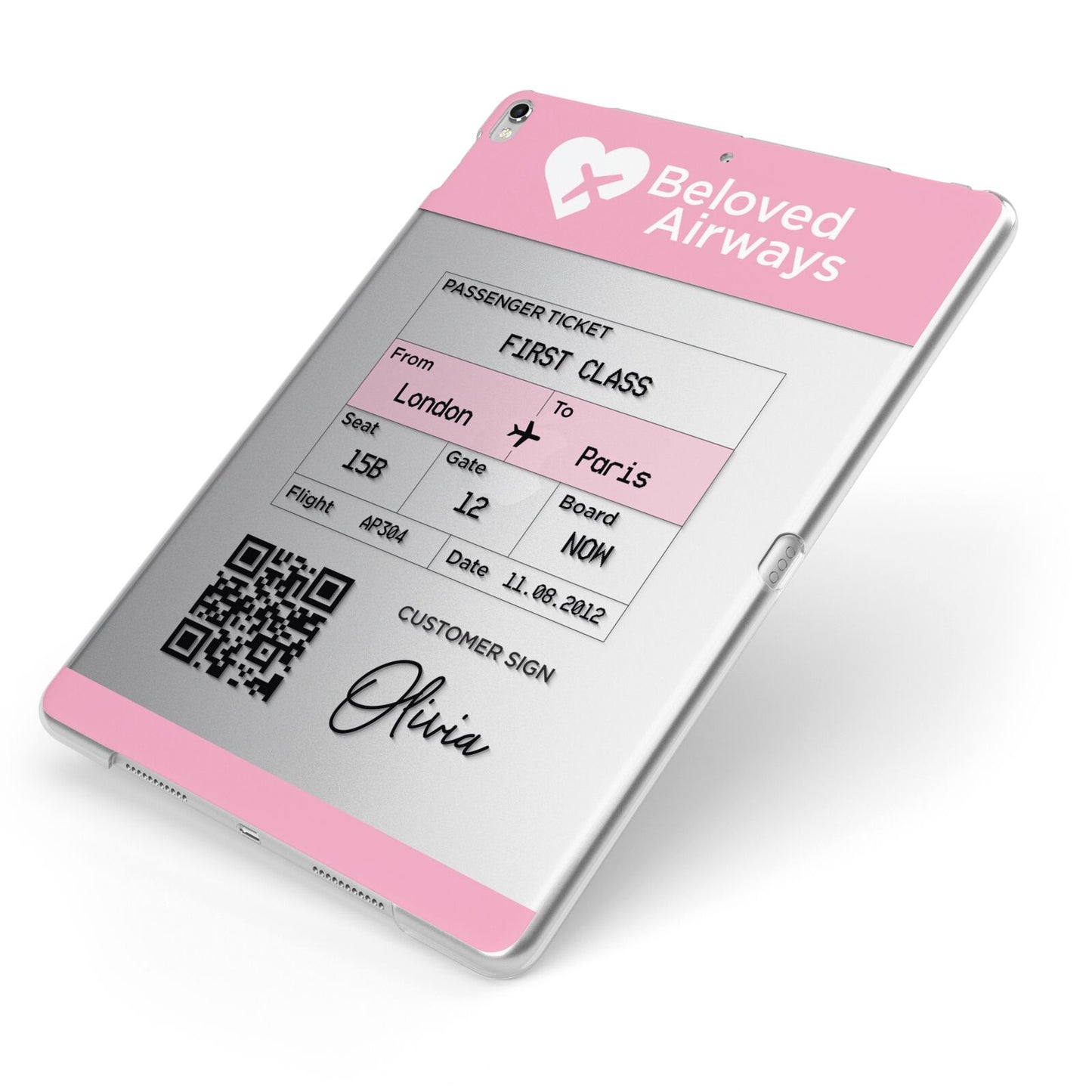 Personalised Aeroplane Ticket Apple iPad Case on Silver iPad Side View