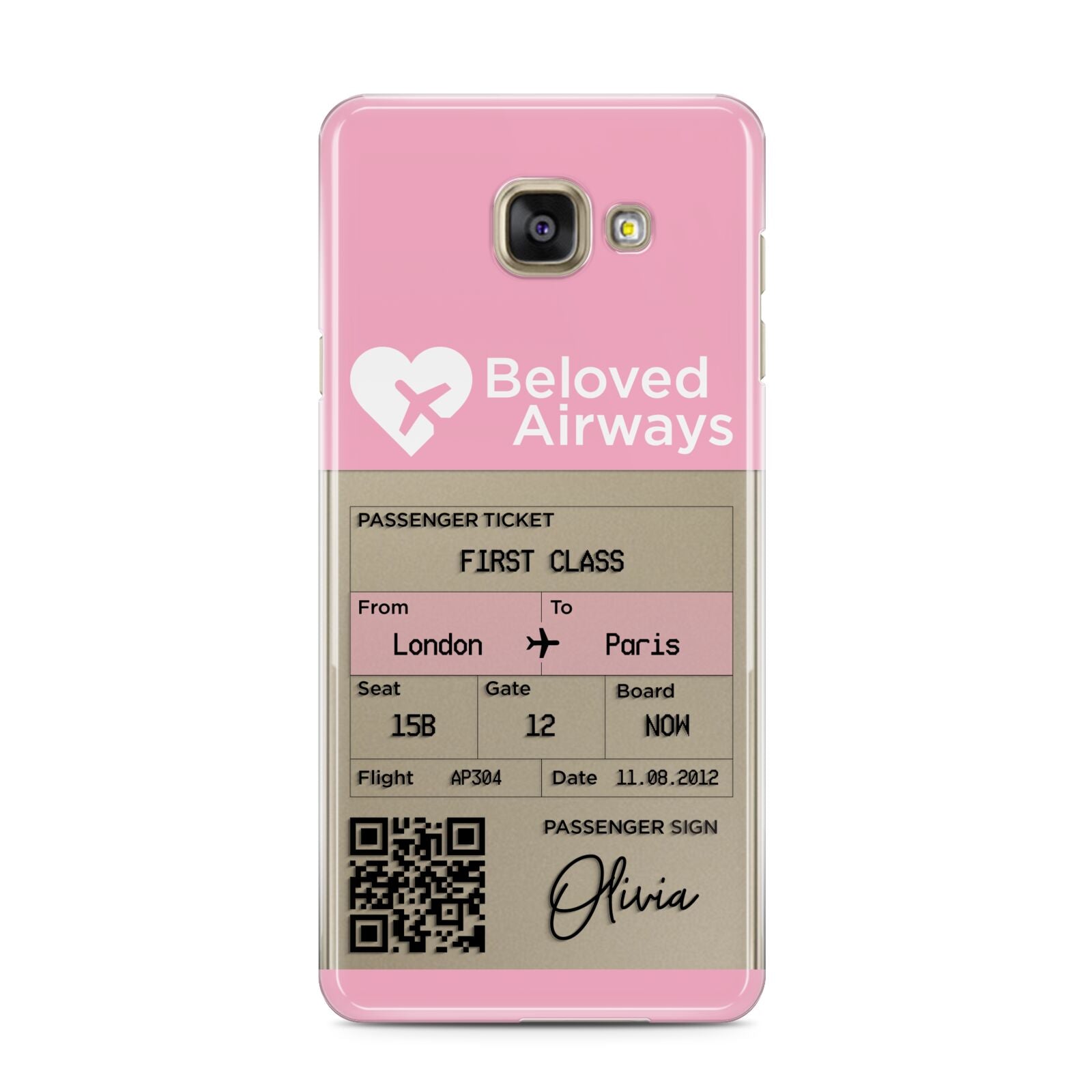 Personalised Aeroplane Ticket Samsung Galaxy A3 2016 Case on gold phone