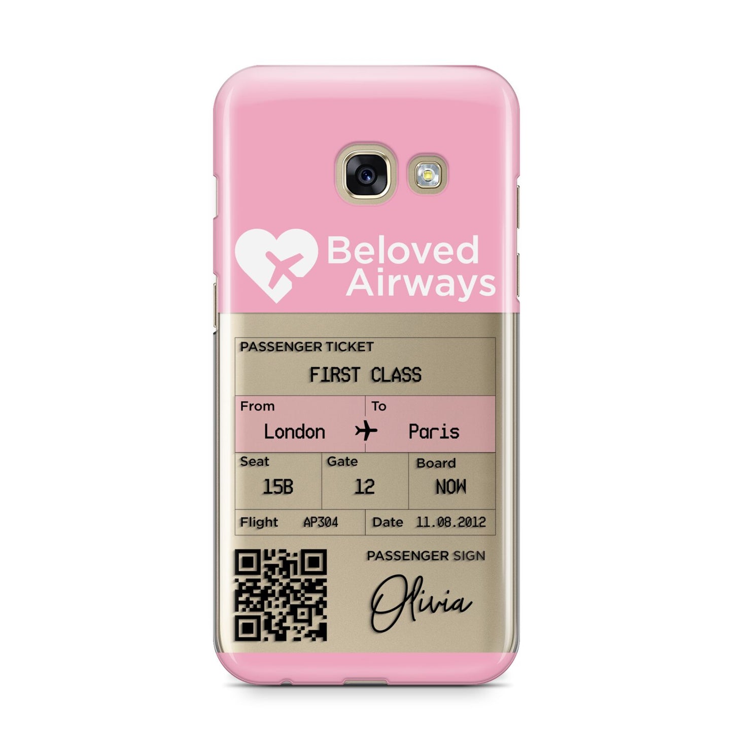 Personalised Aeroplane Ticket Samsung Galaxy A3 2017 Case on gold phone