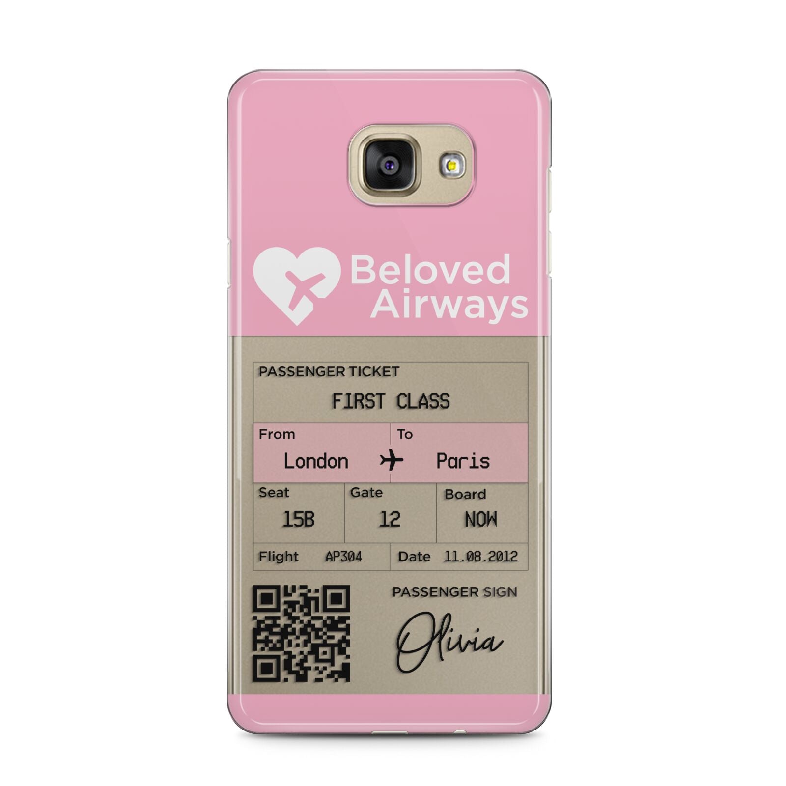 Personalised Aeroplane Ticket Samsung Galaxy A5 2016 Case on gold phone