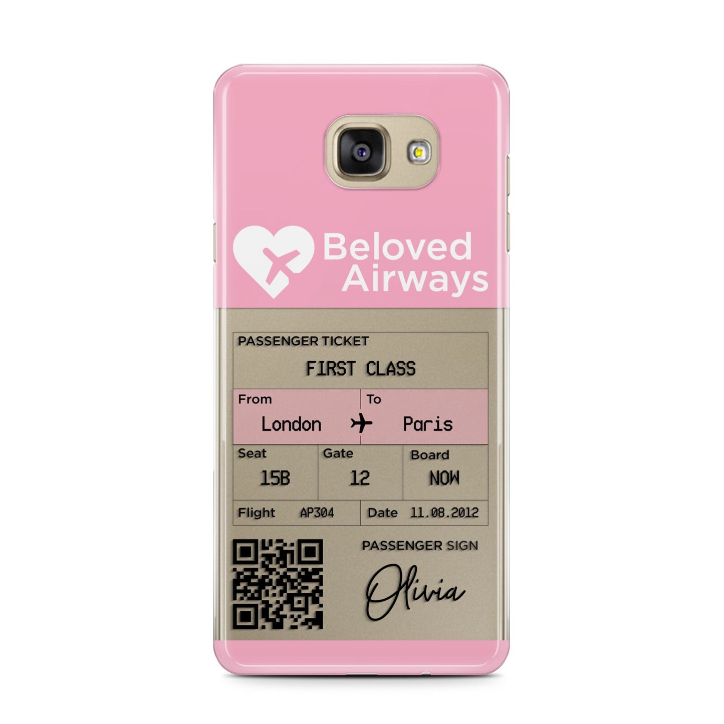 Personalised Aeroplane Ticket Samsung Galaxy A7 2016 Case on gold phone