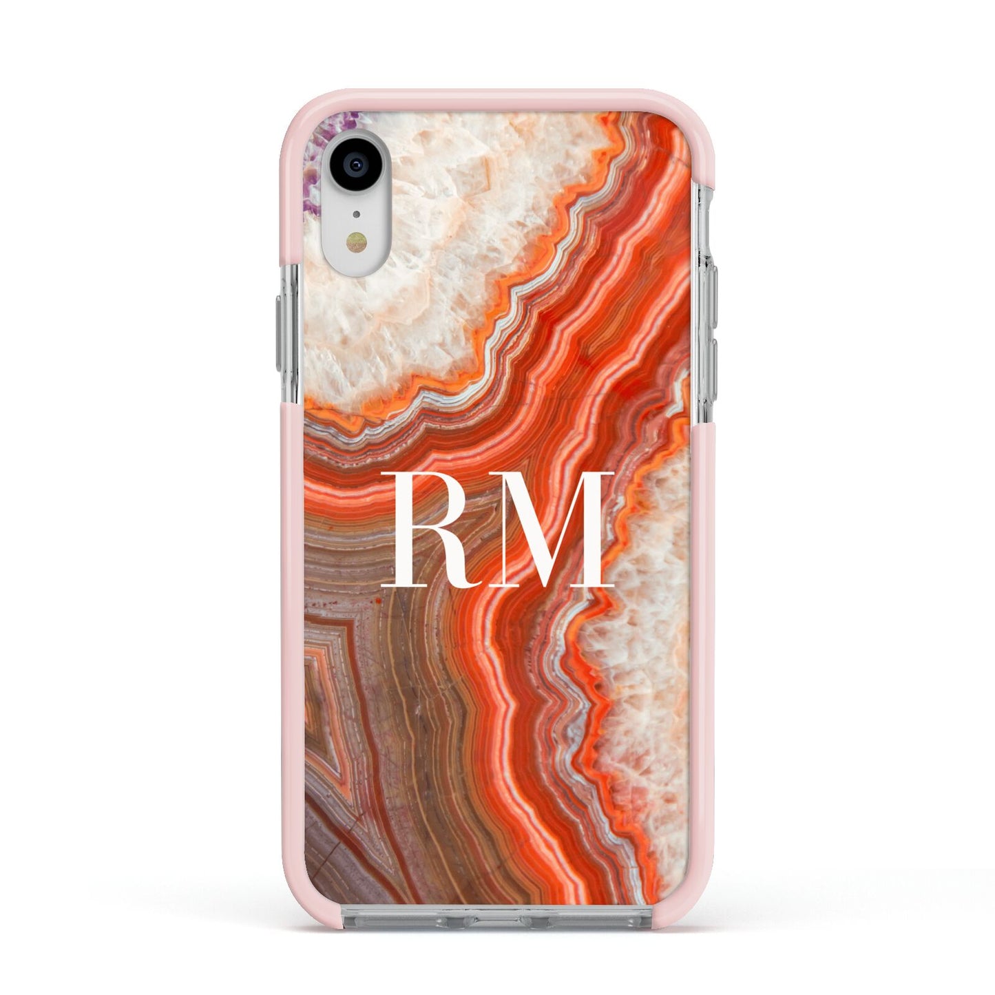 Personalised Agate Apple iPhone XR Impact Case Pink Edge on Silver Phone