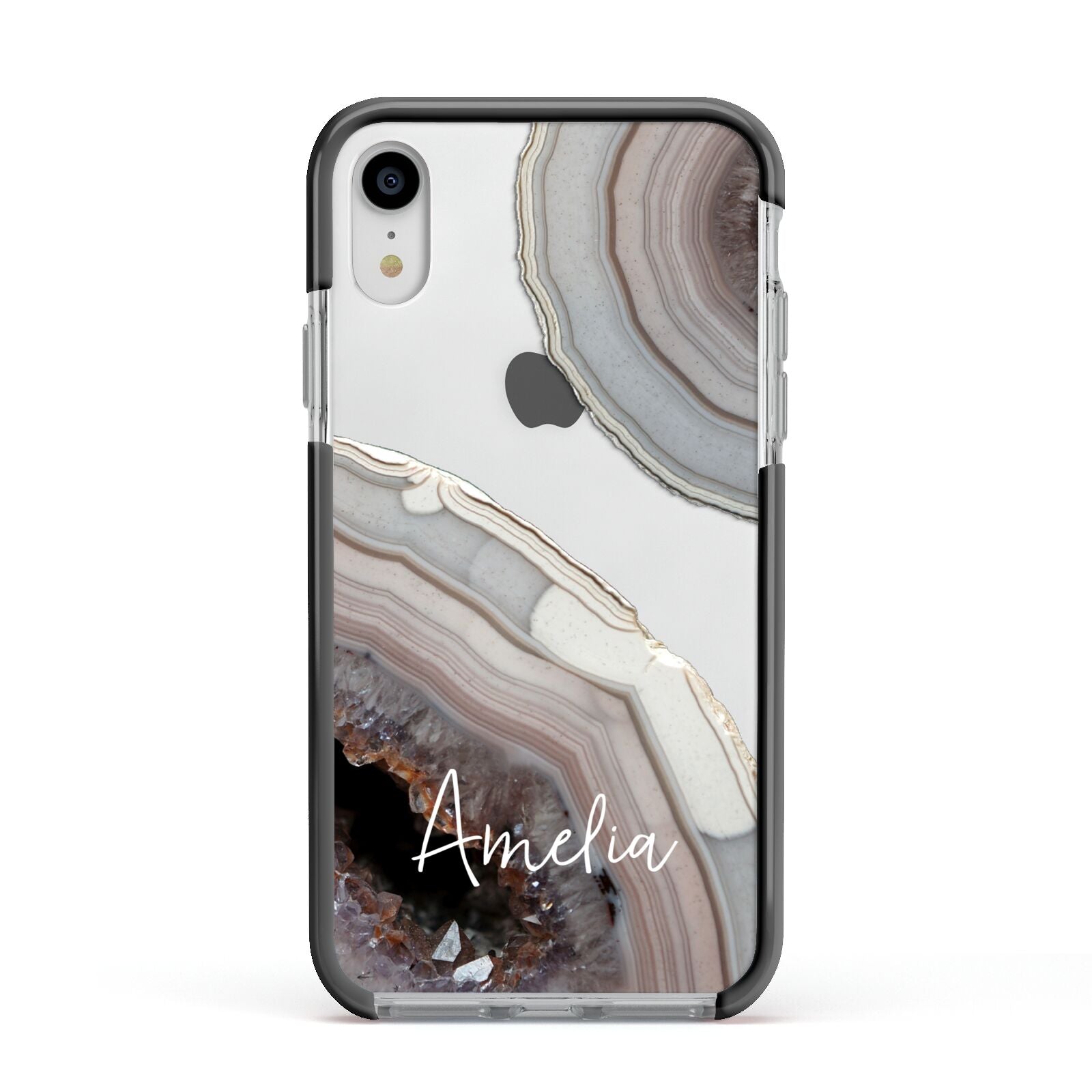 Personalised Agate Pink and Blue Initials Apple iPhone XR Impact Case Black Edge on Silver Phone