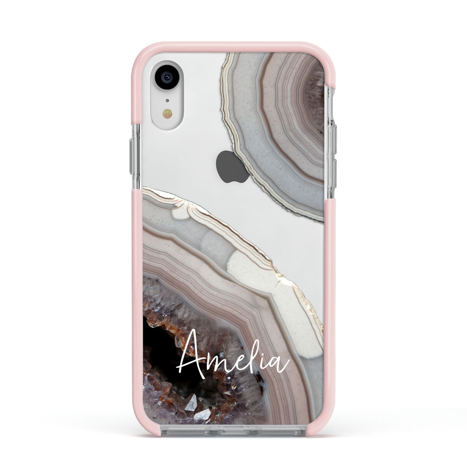 Personalised Agate Pink and Blue Initials Apple iPhone XR Impact Case Pink Edge on Silver Phone