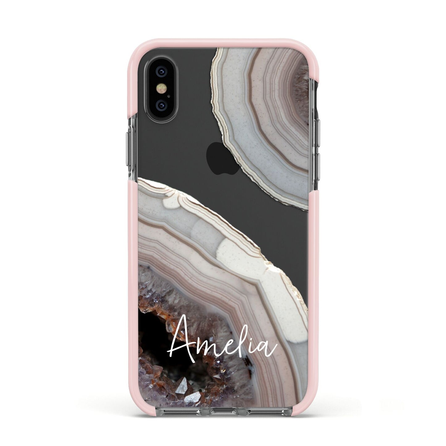 Personalised Agate Pink and Blue Initials Apple iPhone Xs Impact Case Pink Edge on Black Phone