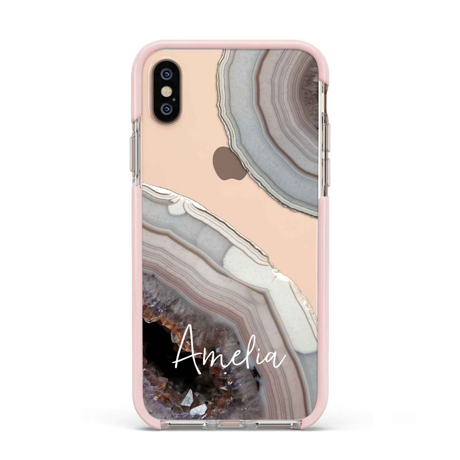 Personalised Agate Pink and Blue Initials Apple iPhone Xs Impact Case Pink Edge on Gold Phone