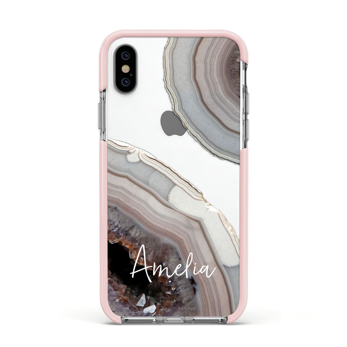 Personalised Agate Pink and Blue Initials Apple iPhone Xs Impact Case Pink Edge on Silver Phone