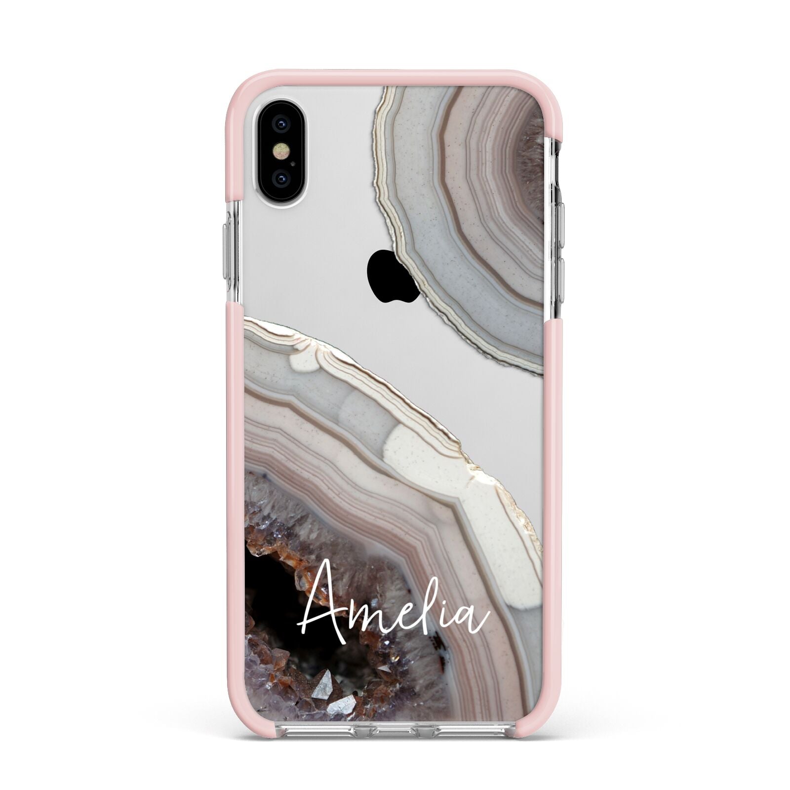 Personalised Agate Pink and Blue Initials Apple iPhone Xs Max Impact Case Pink Edge on Silver Phone