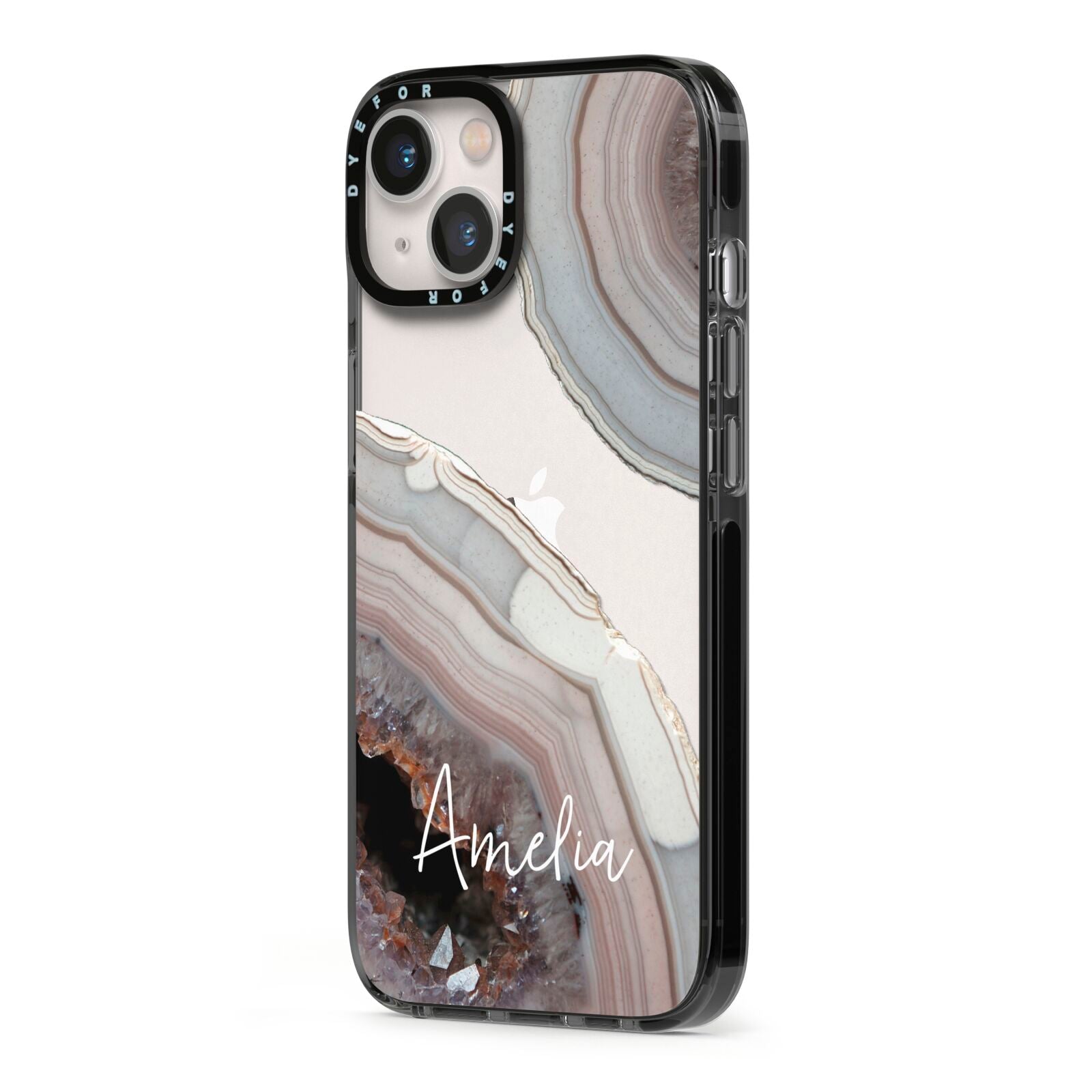 Personalised Agate Pink and Blue Initials iPhone 13 Black Impact Case Side Angle on Silver phone