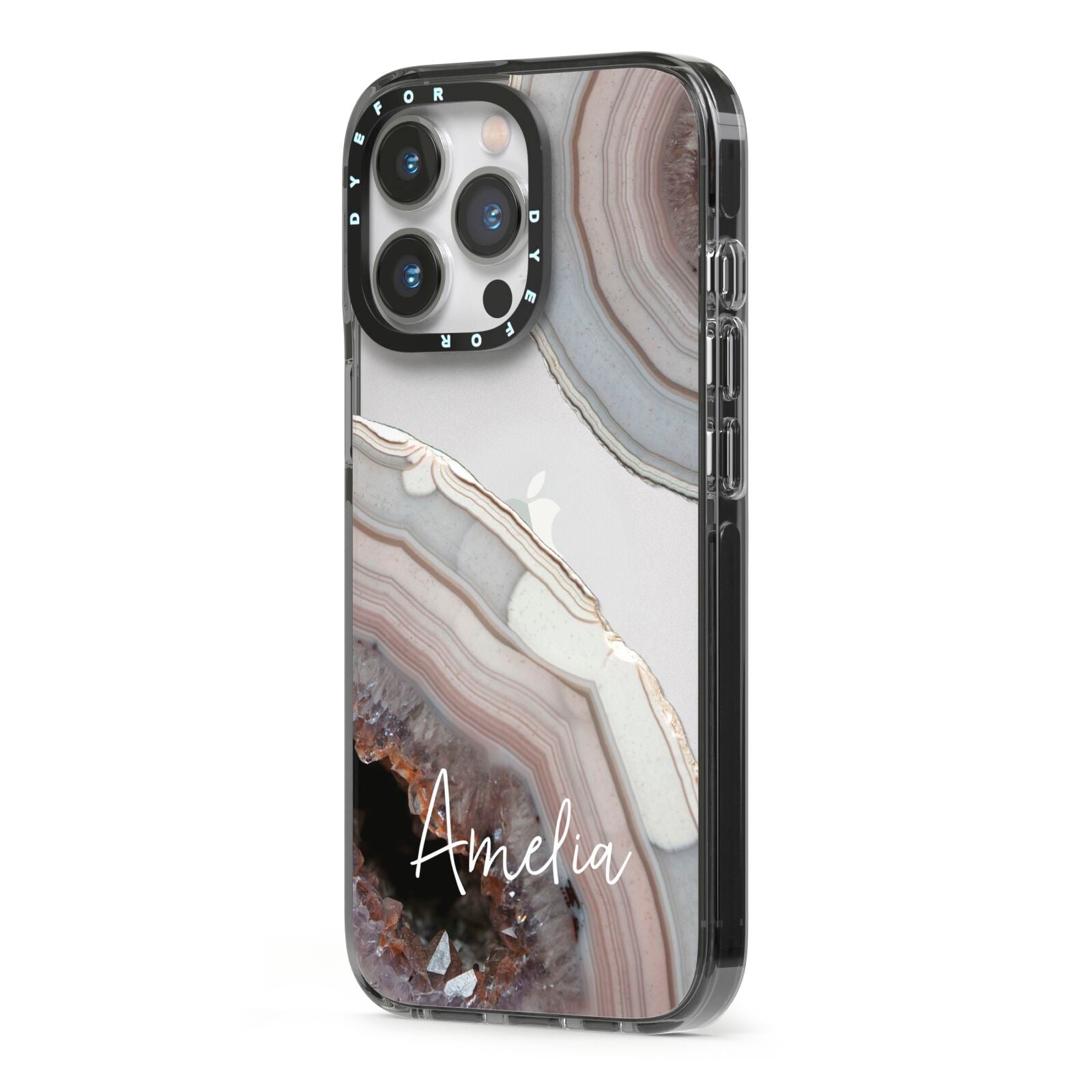 Personalised Agate Pink and Blue Initials iPhone 13 Pro Black Impact Case Side Angle on Silver phone