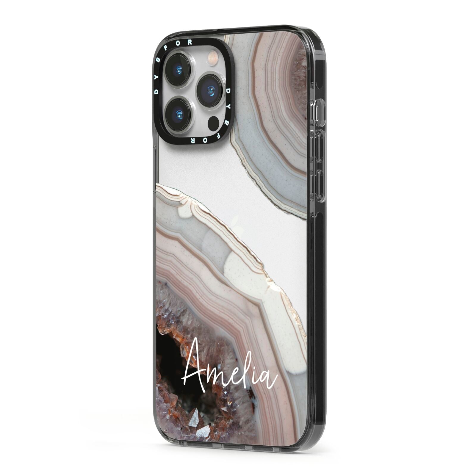 Personalised Agate Pink and Blue Initials iPhone 13 Pro Max Black Impact Case Side Angle on Silver phone