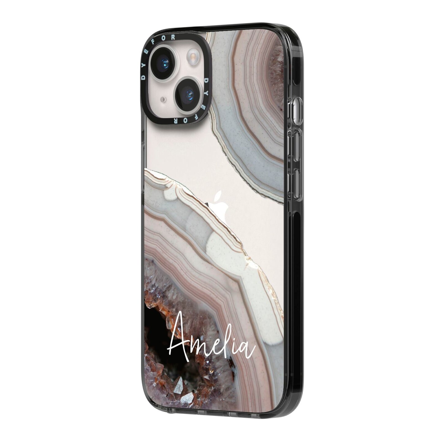 Personalised Agate Pink and Blue Initials iPhone 14 Black Impact Case Side Angle on Silver phone