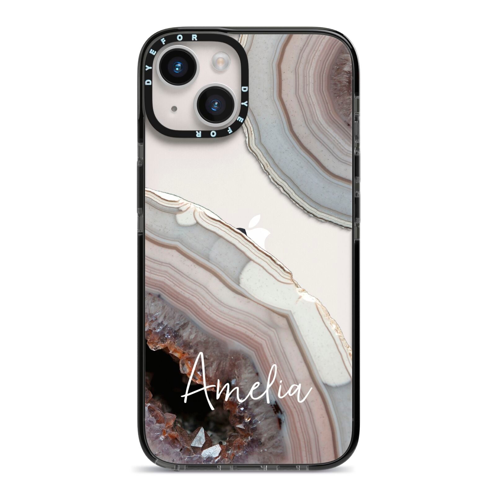 Personalised Agate Pink and Blue Initials iPhone 14 Black Impact Case on Silver phone