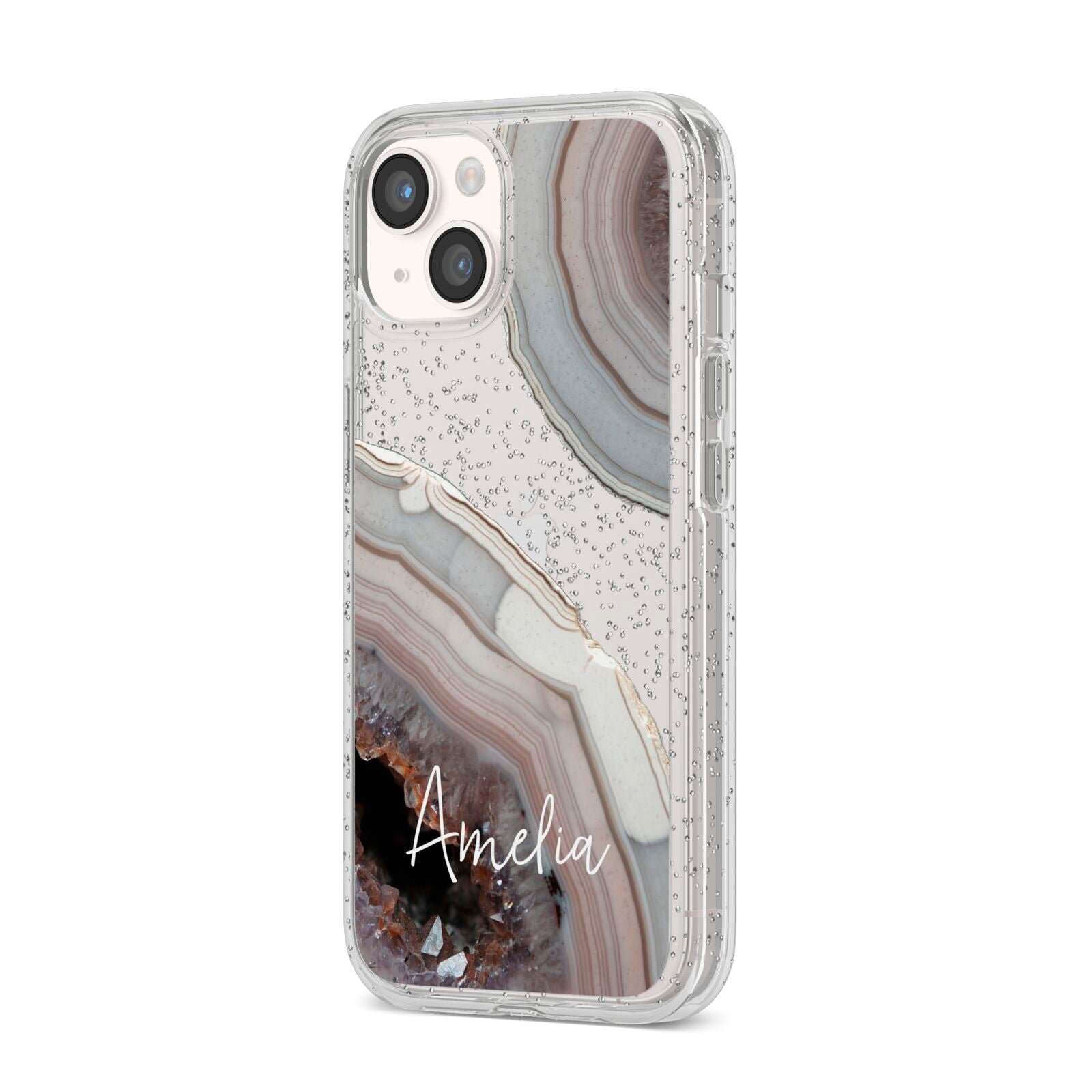 Personalised Agate Pink and Blue Initials iPhone 14 Glitter Tough Case Starlight Angled Image