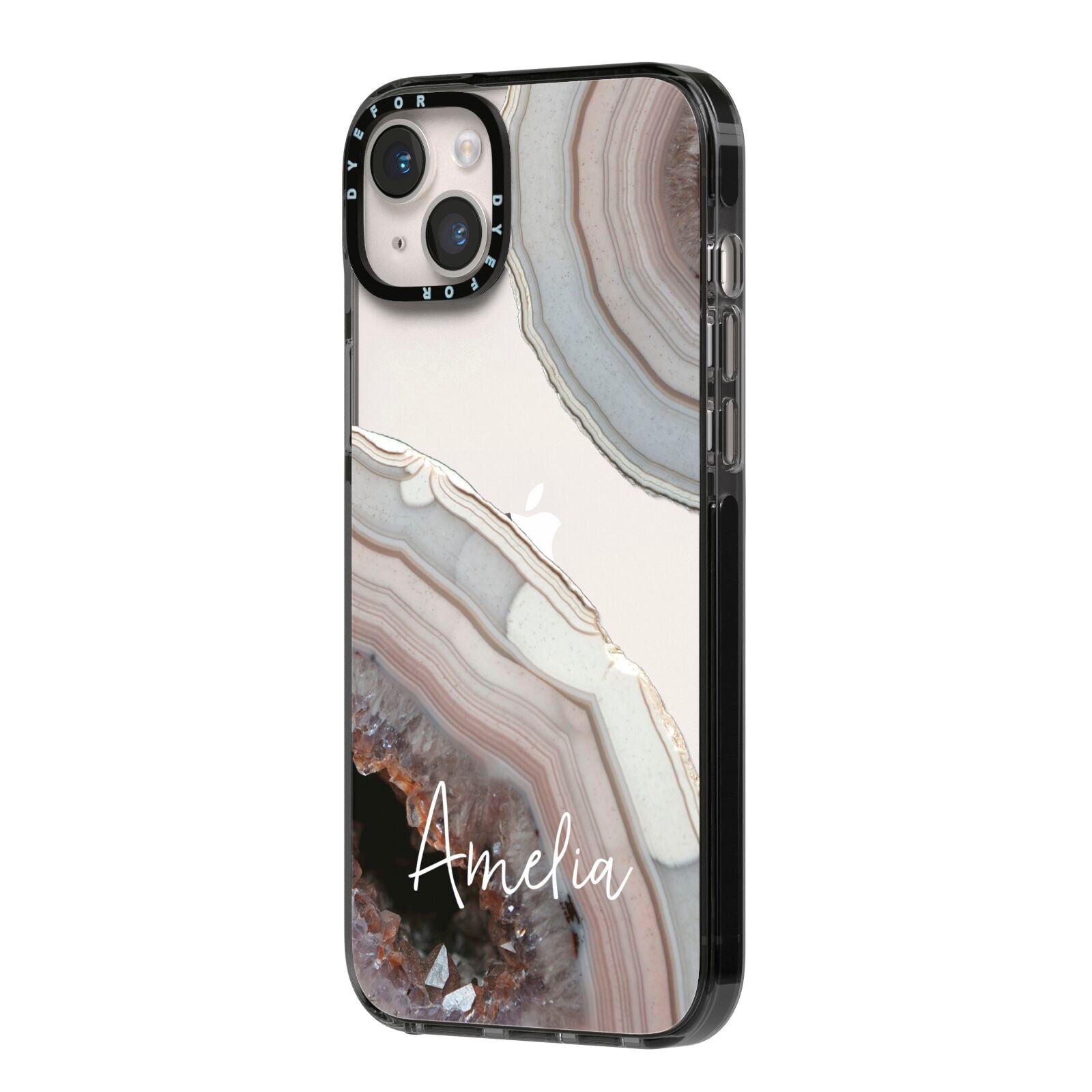 Personalised Agate Pink and Blue Initials iPhone 14 Plus Black Impact Case Side Angle on Silver phone