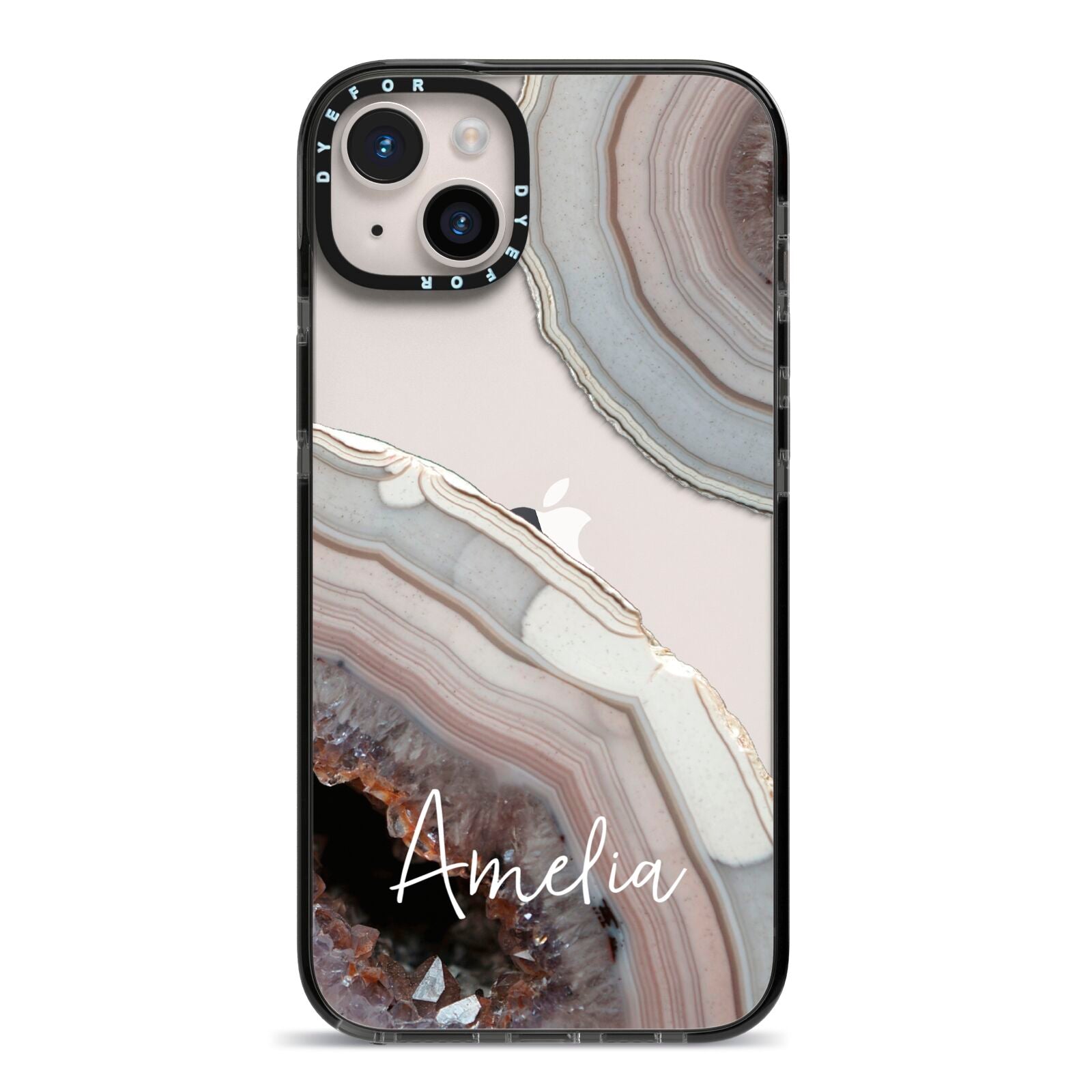 Personalised Agate Pink and Blue Initials iPhone 14 Plus Black Impact Case on Silver phone