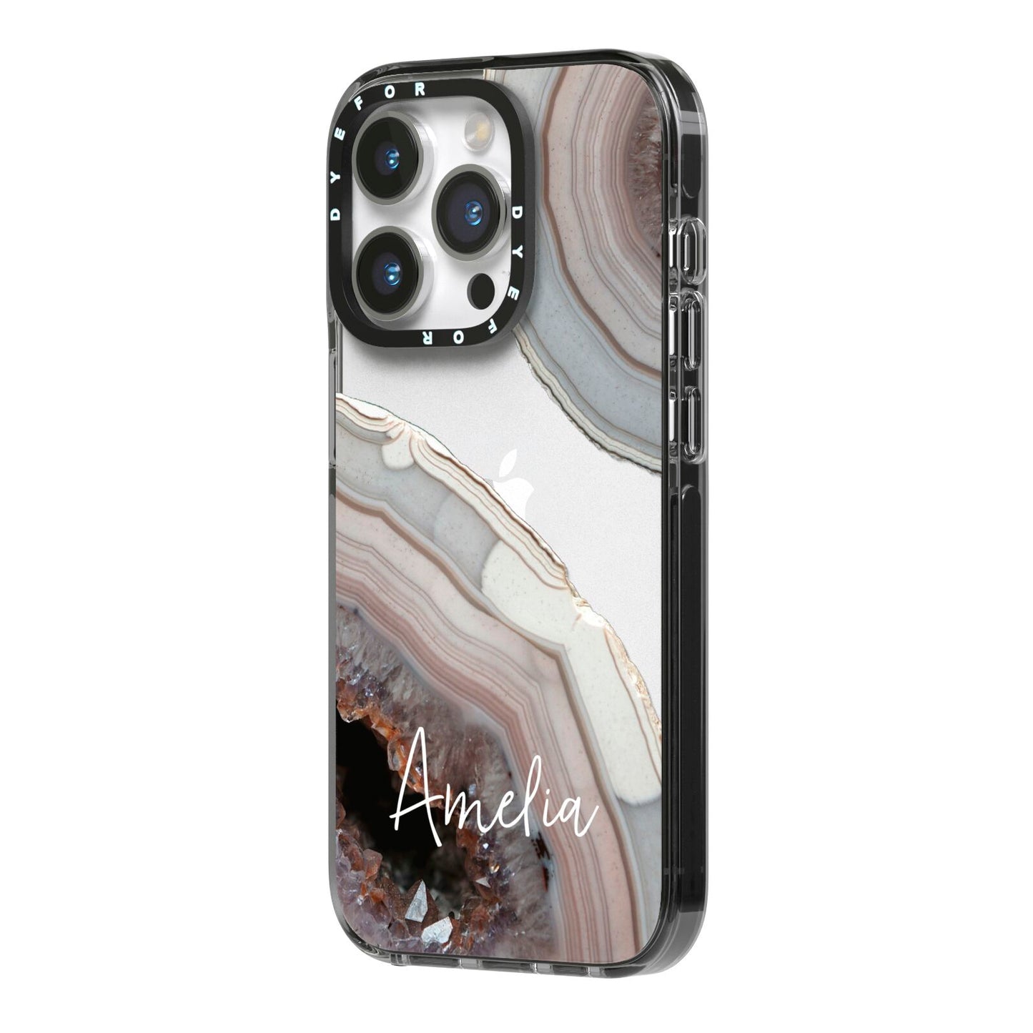 Personalised Agate Pink and Blue Initials iPhone 14 Pro Black Impact Case Side Angle on Silver phone