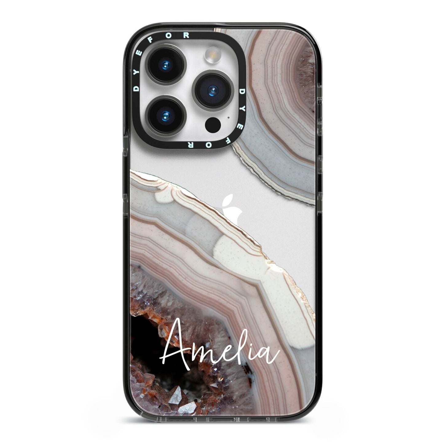 Personalised Agate Pink and Blue Initials iPhone 14 Pro Black Impact Case on Silver phone