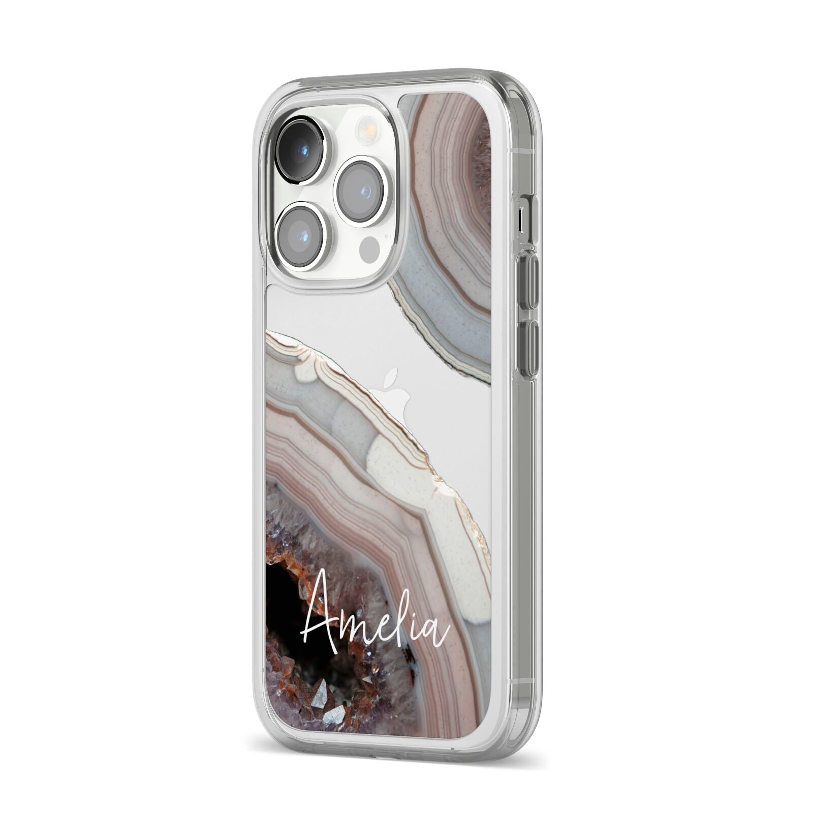 Personalised Agate Pink and Blue Initials iPhone 14 Pro Clear Tough Case Silver Angled Image