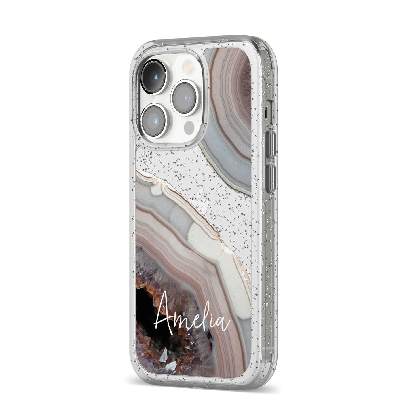 Personalised Agate Pink and Blue Initials iPhone 14 Pro Glitter Tough Case Silver Angled Image