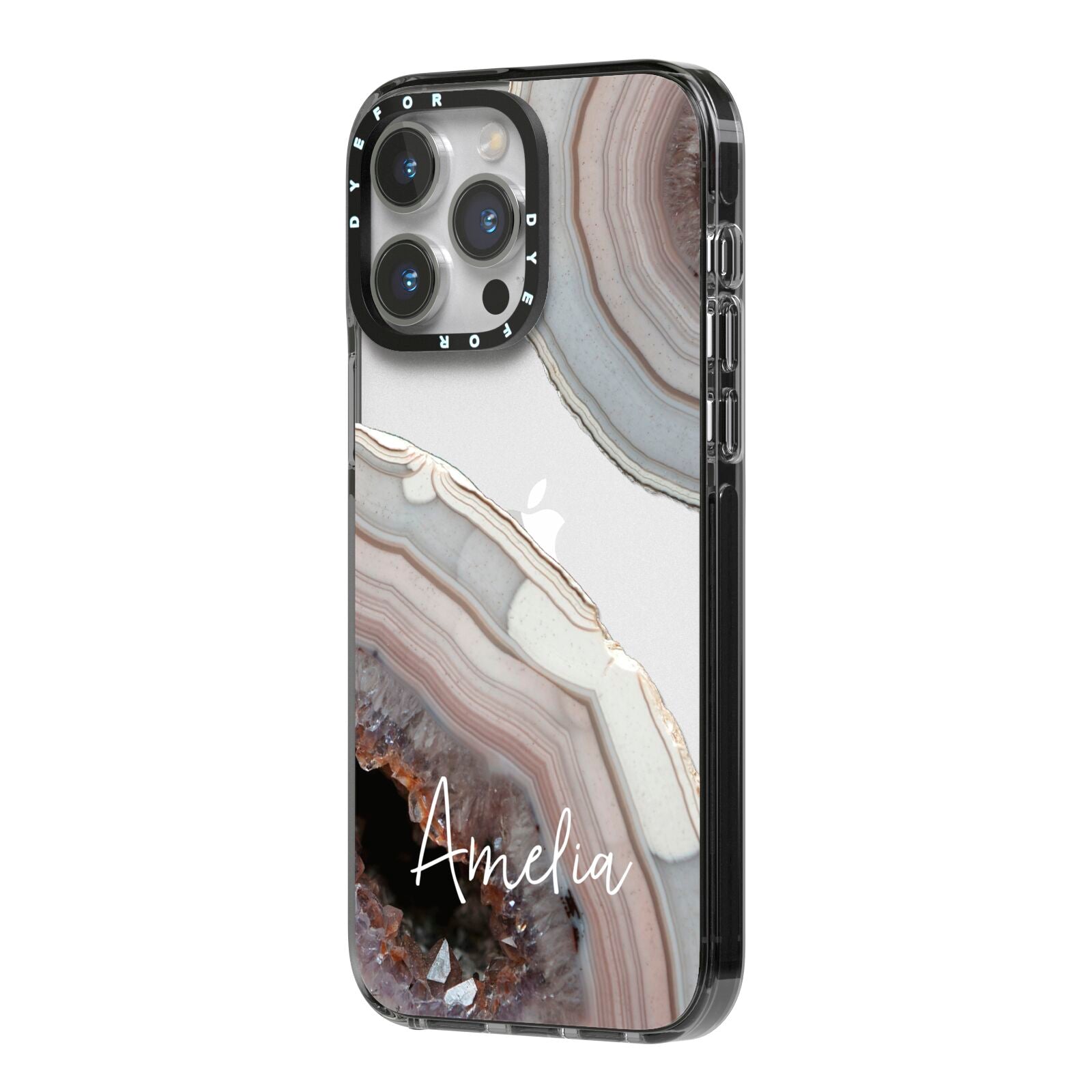 Personalised Agate Pink and Blue Initials iPhone 14 Pro Max Black Impact Case Side Angle on Silver phone