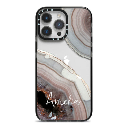 Personalised Agate Pink and Blue Initials iPhone 14 Pro Max Black Impact Case on Silver phone