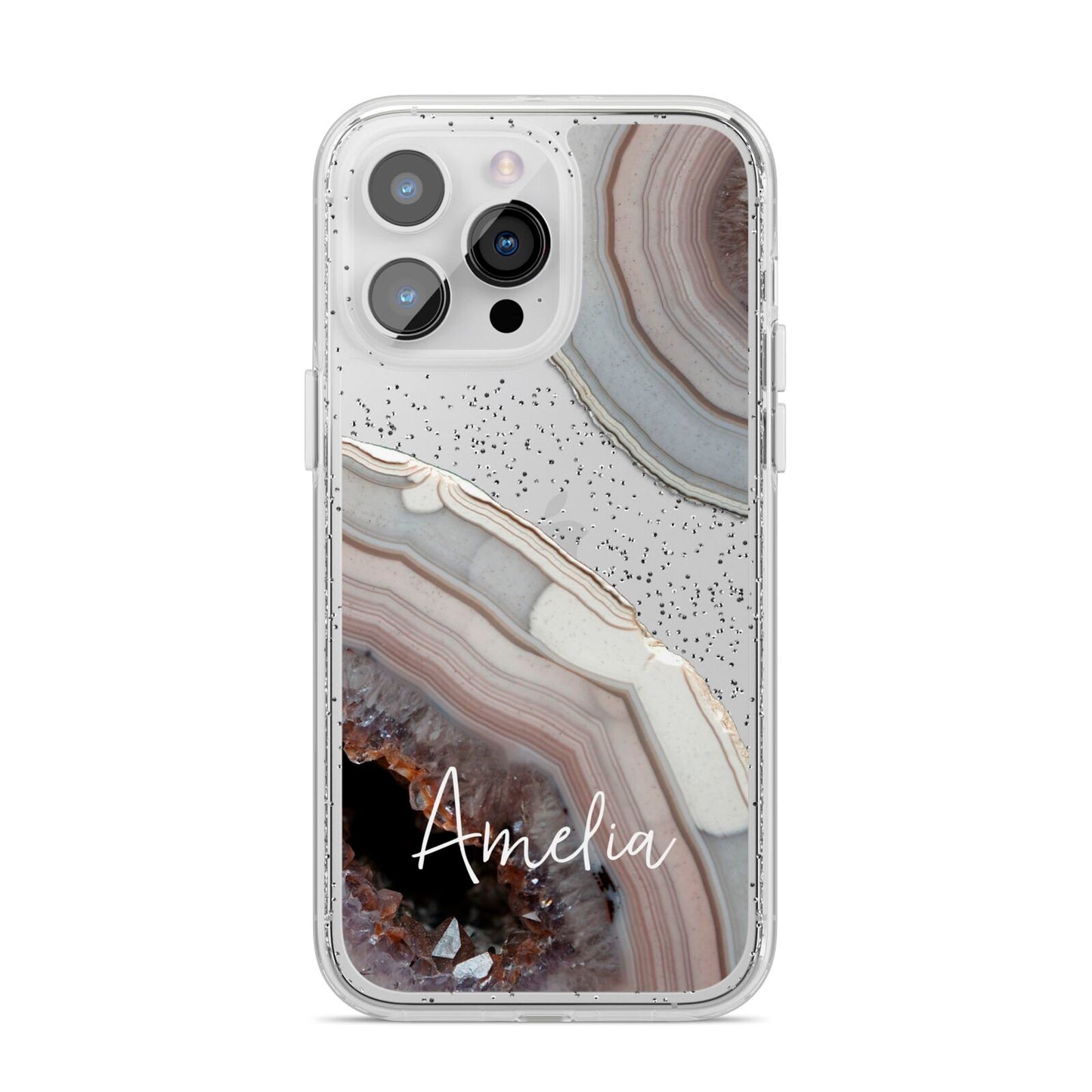 Personalised Agate Pink and Blue Initials iPhone 14 Pro Max Glitter Tough Case Silver