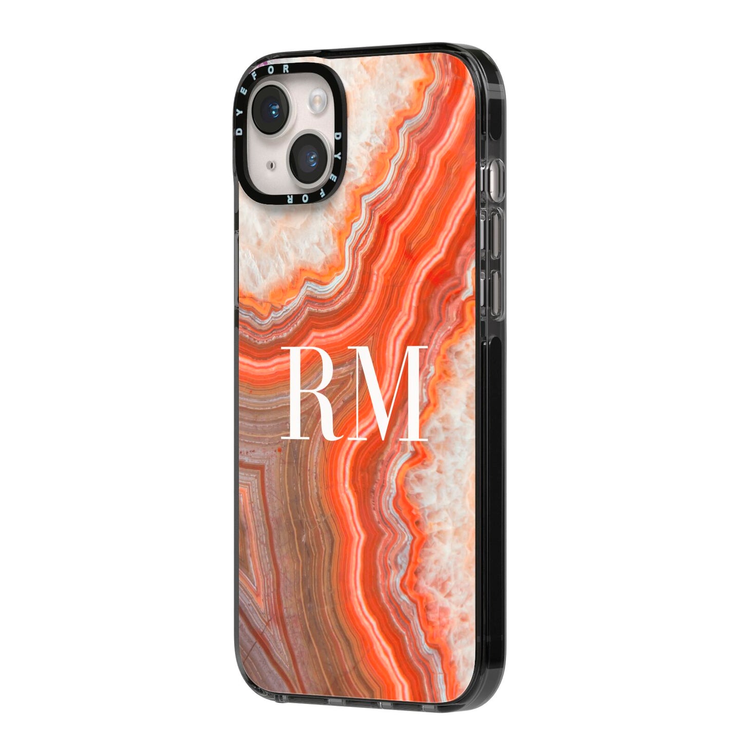 Personalised Agate iPhone 14 Plus Black Impact Case Side Angle on Silver phone