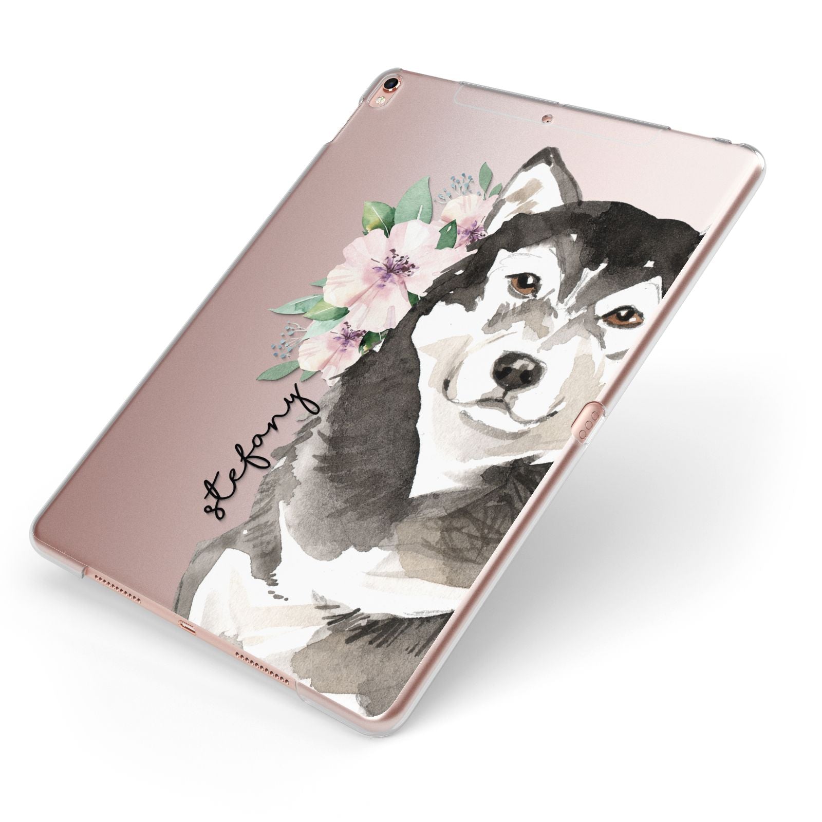 Personalised Alaskan Malamute Apple iPad Case on Rose Gold iPad Side View