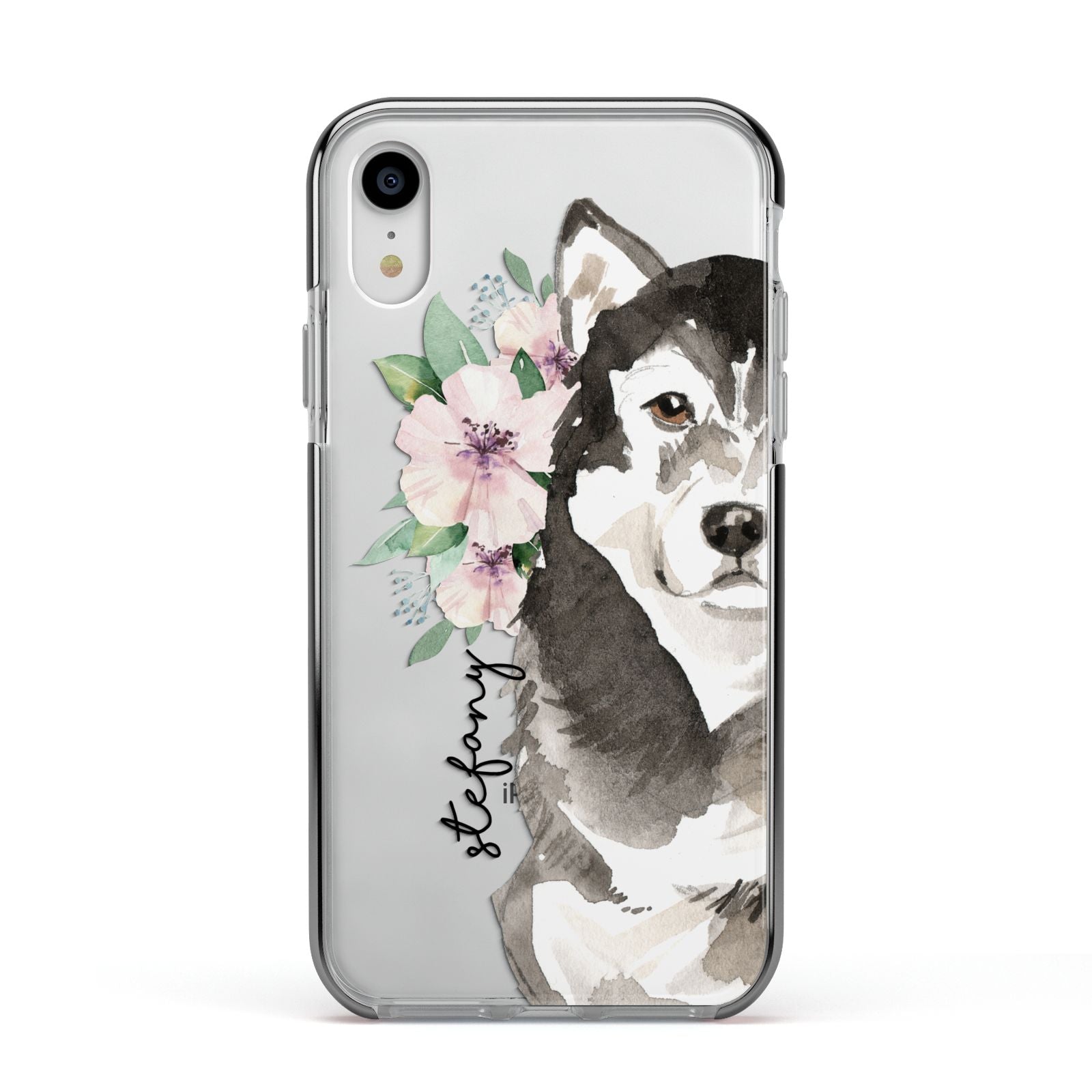 Personalised Alaskan Malamute Apple iPhone XR Impact Case Black Edge on Silver Phone