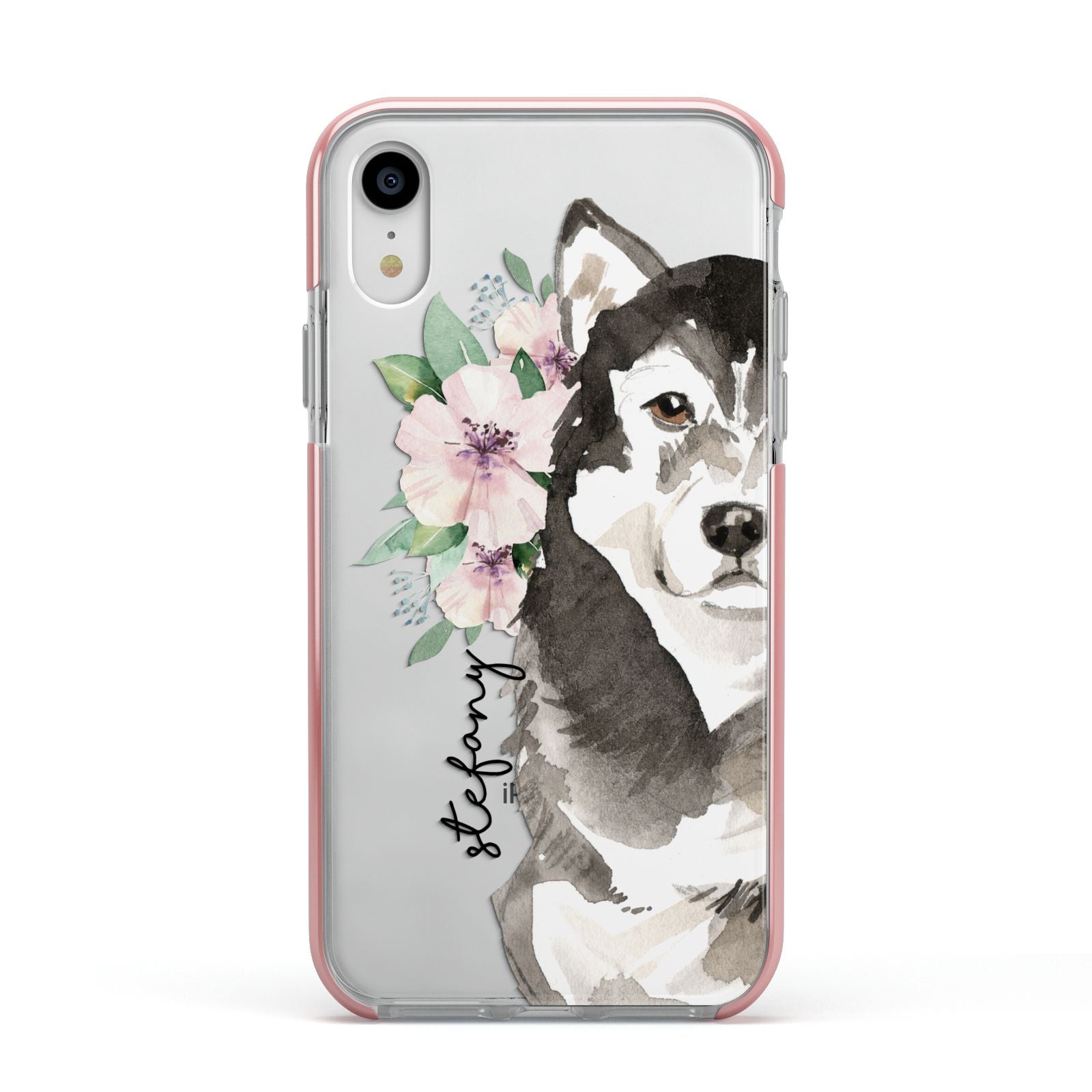 Personalised Alaskan Malamute Apple iPhone XR Impact Case Pink Edge on Silver Phone