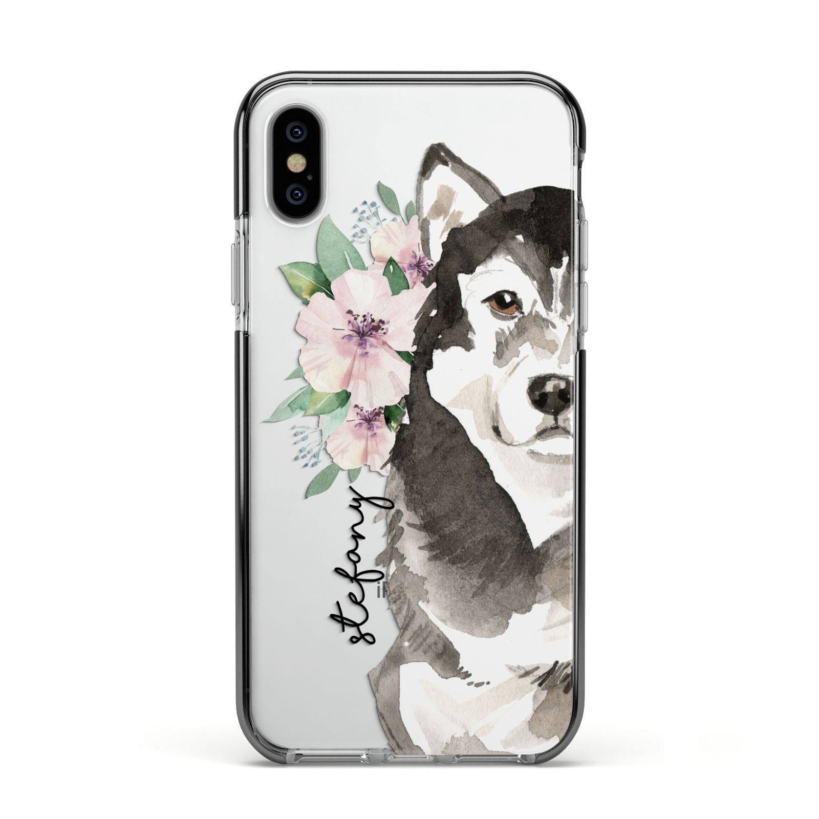 Personalised Alaskan Malamute Apple iPhone Xs Impact Case Black Edge on Silver Phone