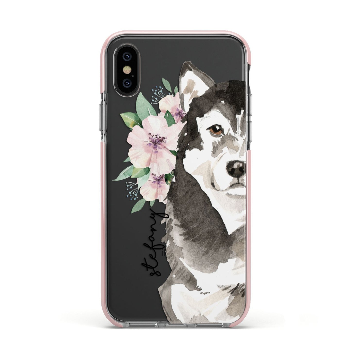 Personalised Alaskan Malamute Apple iPhone Xs Impact Case Pink Edge on Black Phone