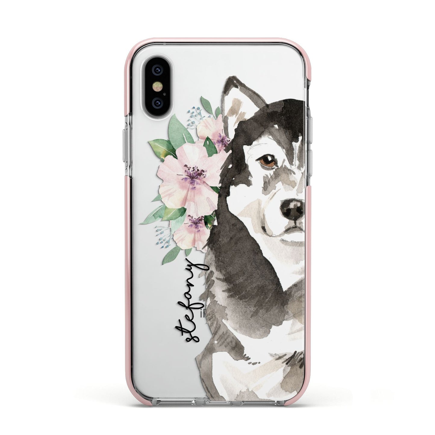 Personalised Alaskan Malamute Apple iPhone Xs Impact Case Pink Edge on Silver Phone