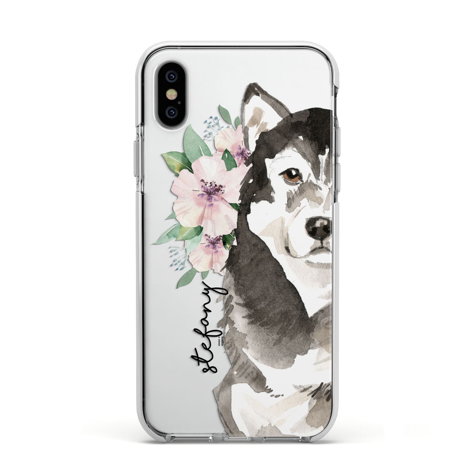 Personalised Alaskan Malamute Apple iPhone Xs Impact Case White Edge on Silver Phone