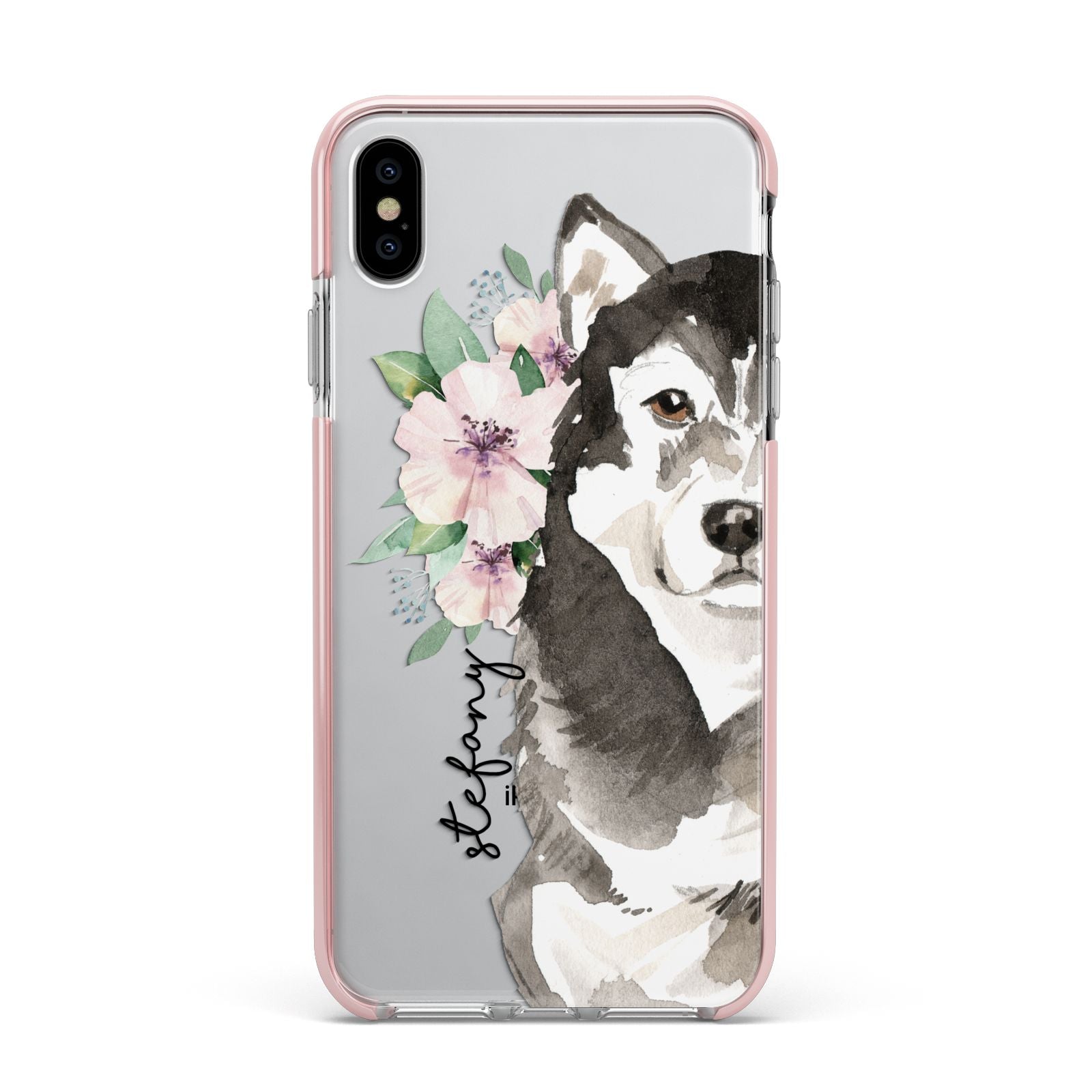 Personalised Alaskan Malamute Apple iPhone Xs Max Impact Case Pink Edge on Silver Phone