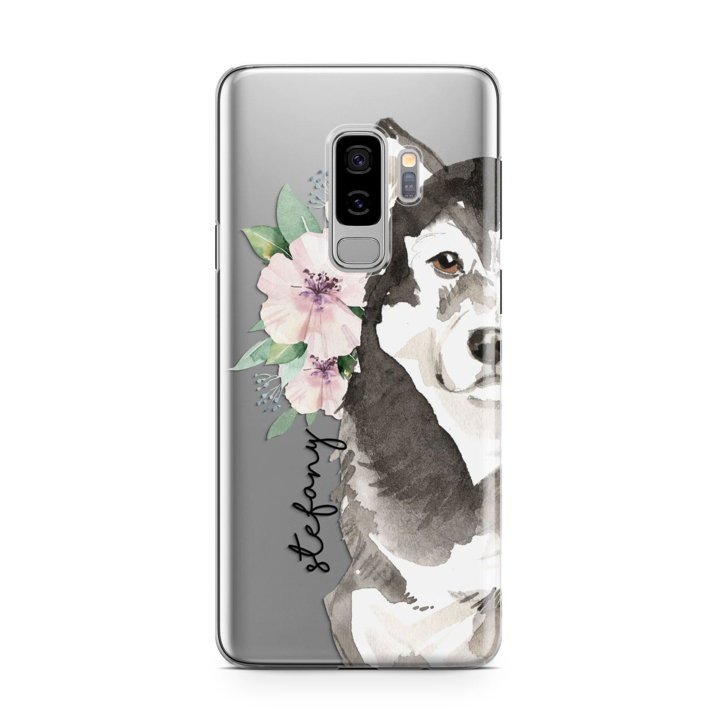 Personalised Alaskan Malamute Samsung Galaxy S9 Plus Case on Silver phone