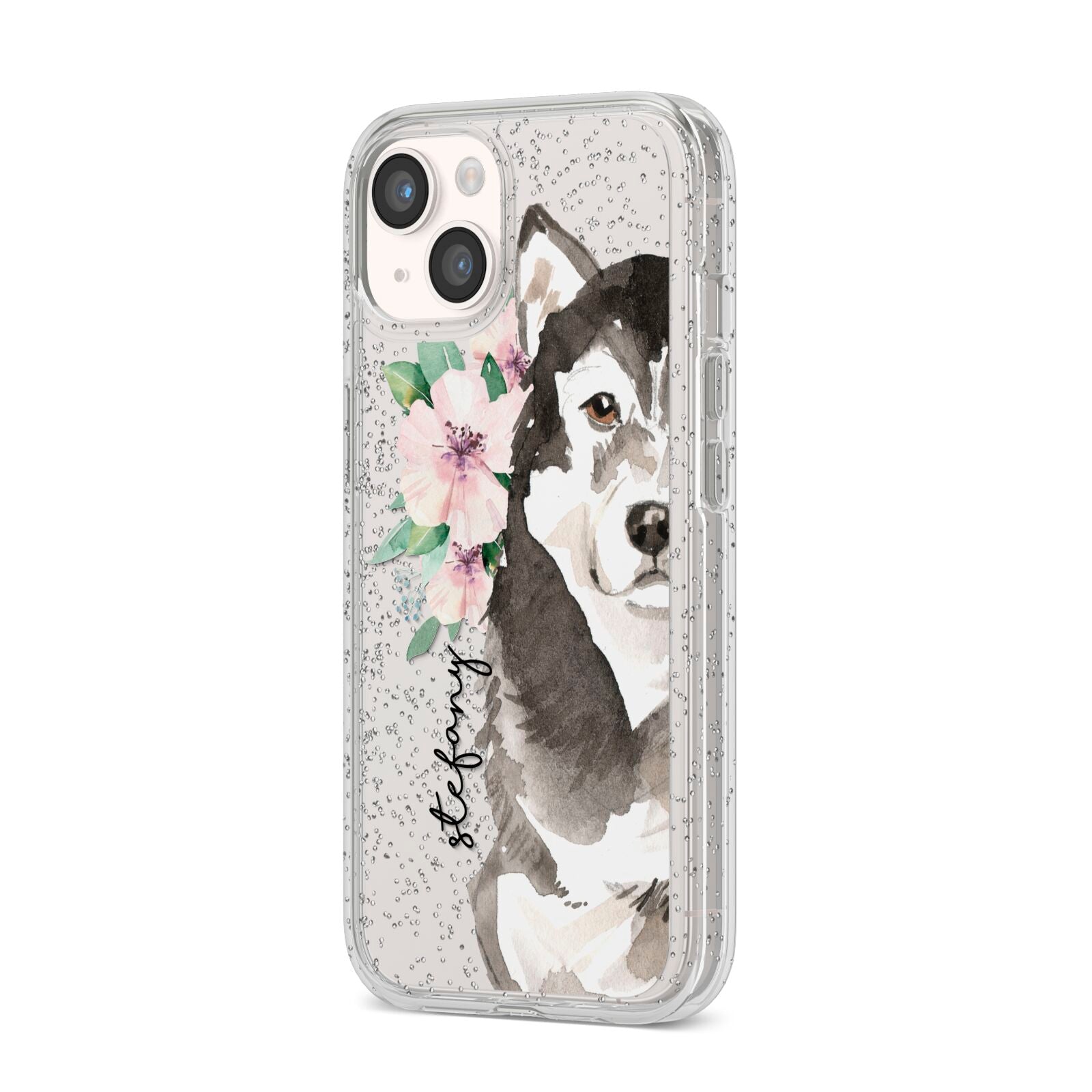 Personalised Alaskan Malamute iPhone 14 Glitter Tough Case Starlight Angled Image