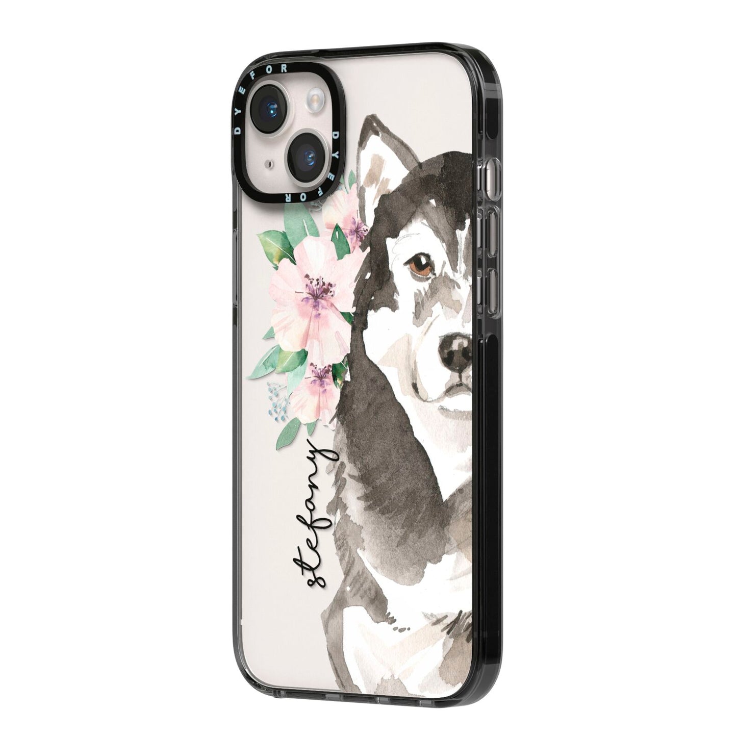 Personalised Alaskan Malamute iPhone 14 Plus Black Impact Case Side Angle on Silver phone