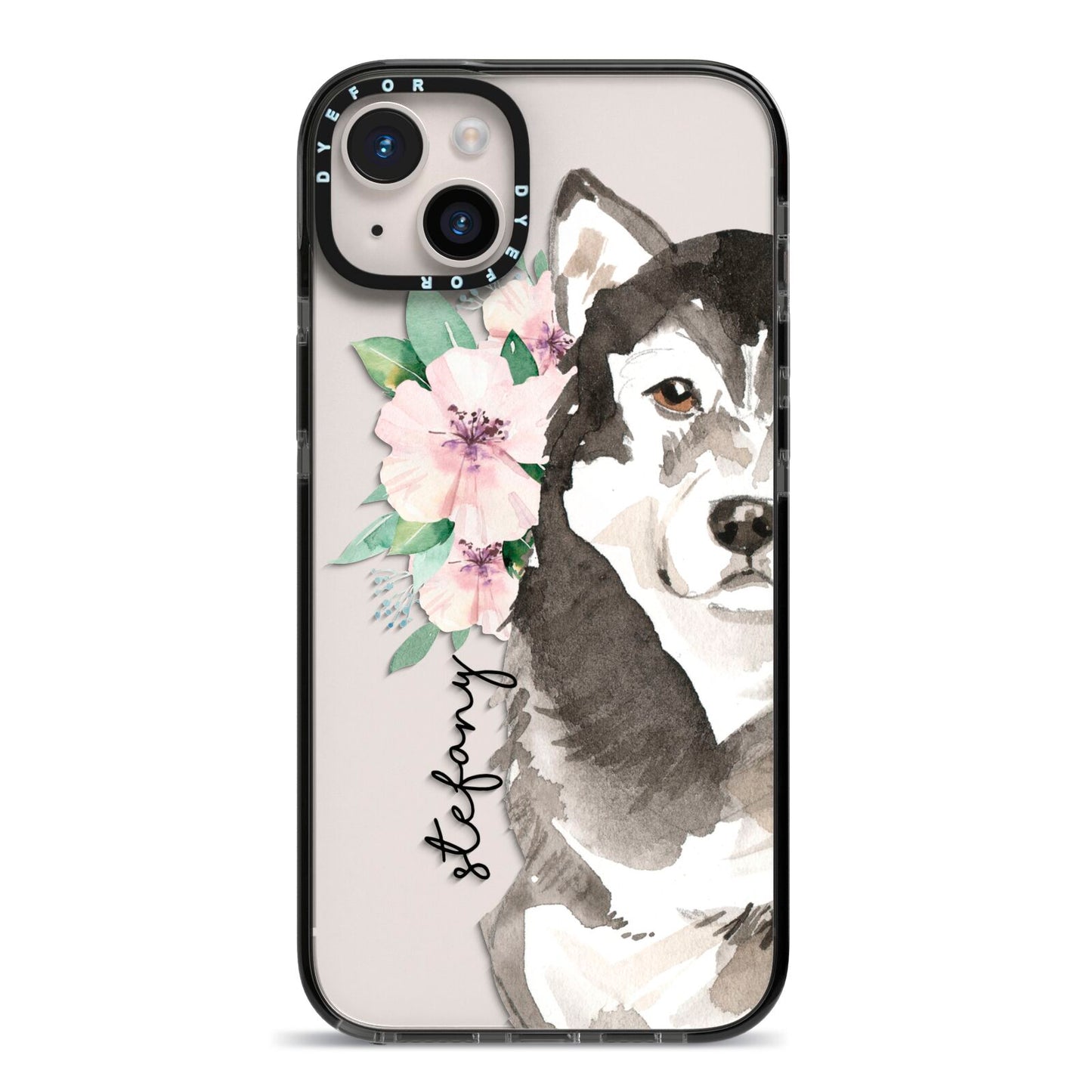 Personalised Alaskan Malamute iPhone 14 Plus Black Impact Case on Silver phone