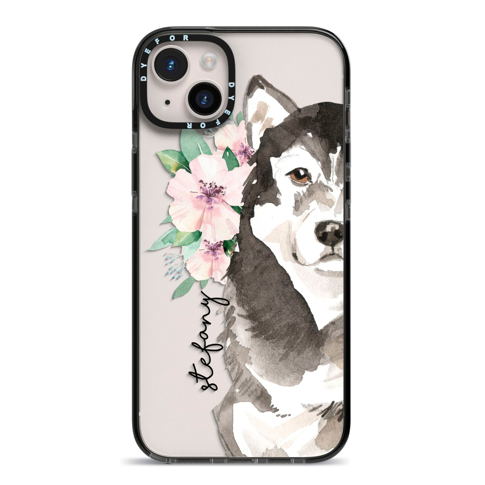 Personalised Alaskan Malamute iPhone 14 Plus Black Impact Case on Silver phone