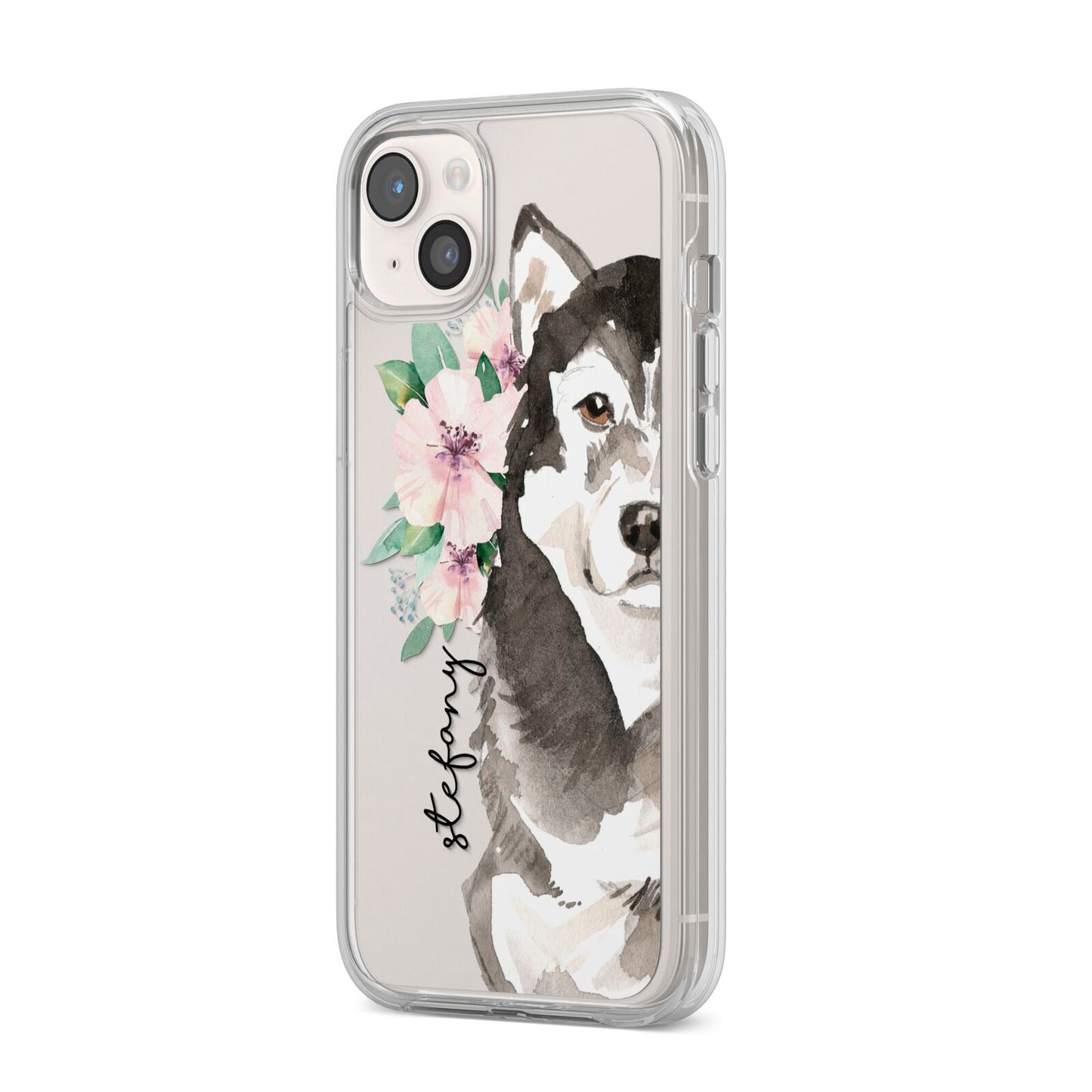 Personalised Alaskan Malamute iPhone 14 Plus Clear Tough Case Starlight Angled Image