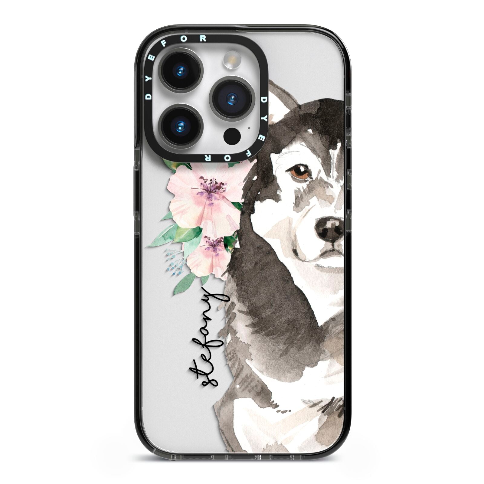 Personalised Alaskan Malamute iPhone 14 Pro Black Impact Case on Silver phone