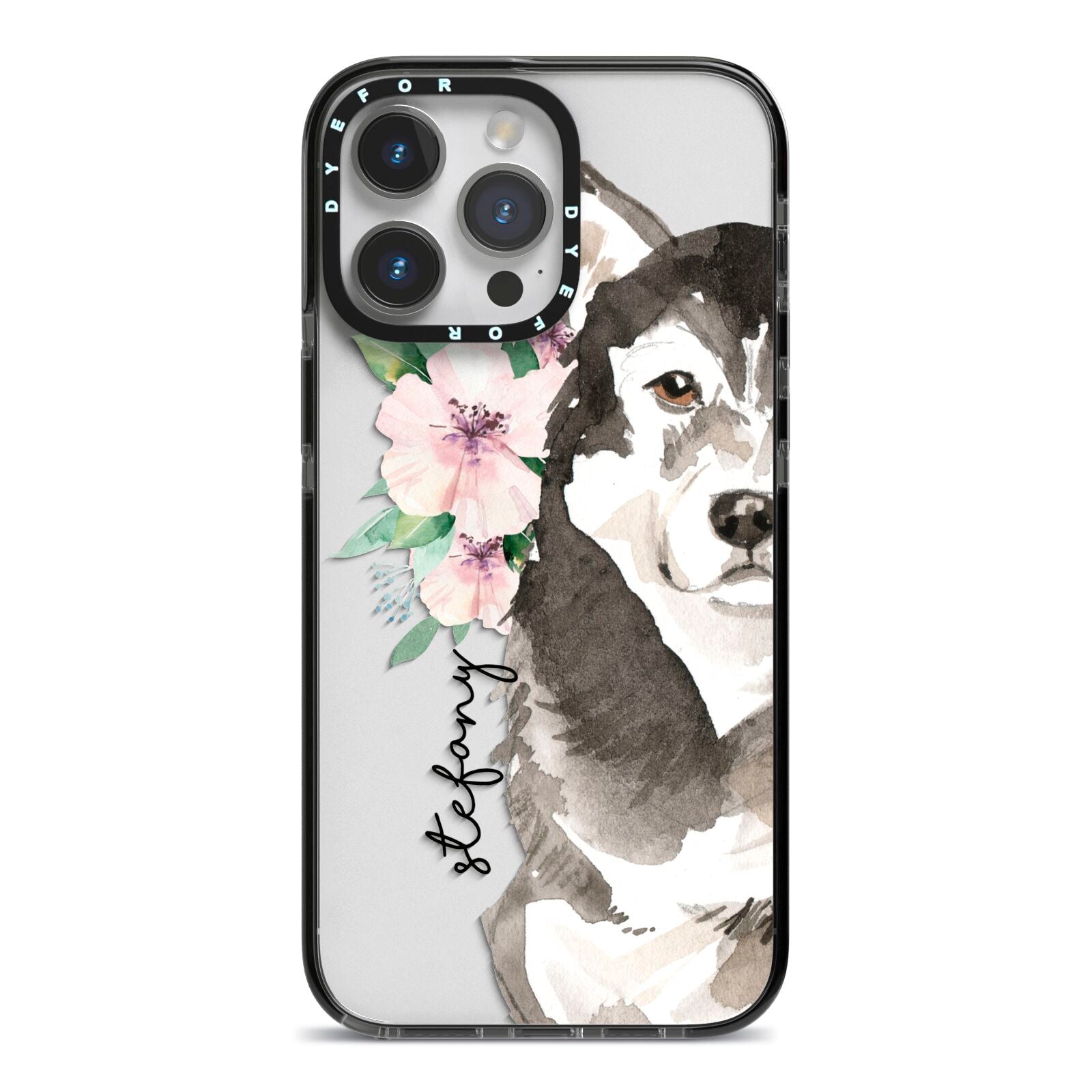 Personalised Alaskan Malamute iPhone 14 Pro Max Black Impact Case on Silver phone